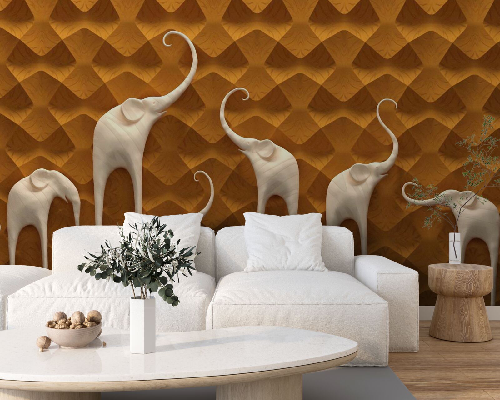 Fotobehang lange en sierlijke olifanten en abstracte kunst