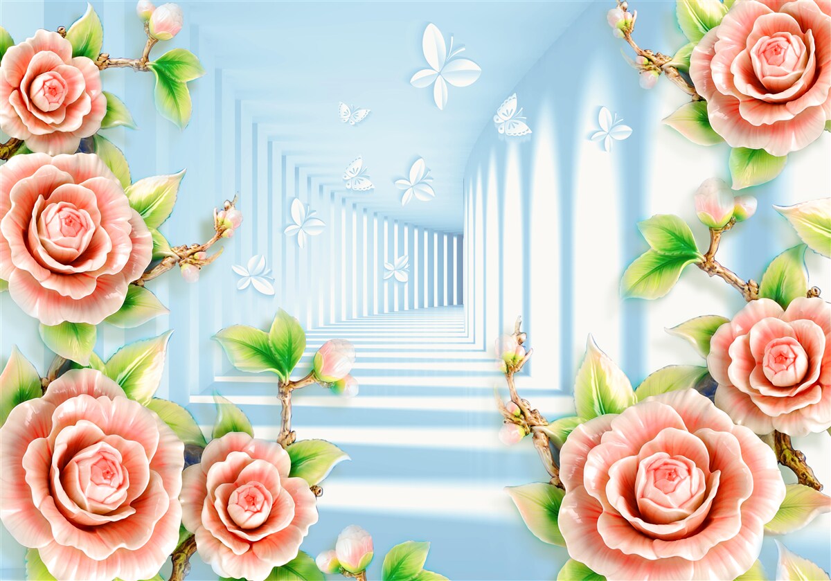 Fotobehang blauwe tunnel gevuld met roze rozen