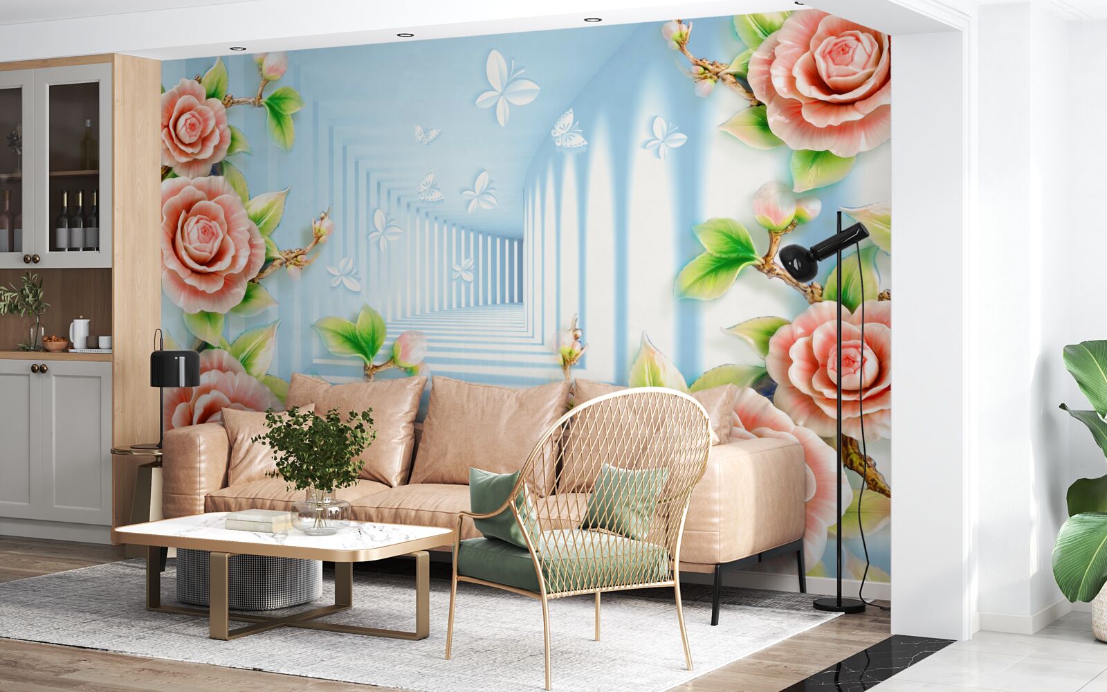 Fotobehang blauwe tunnel gevuld met roze rozen