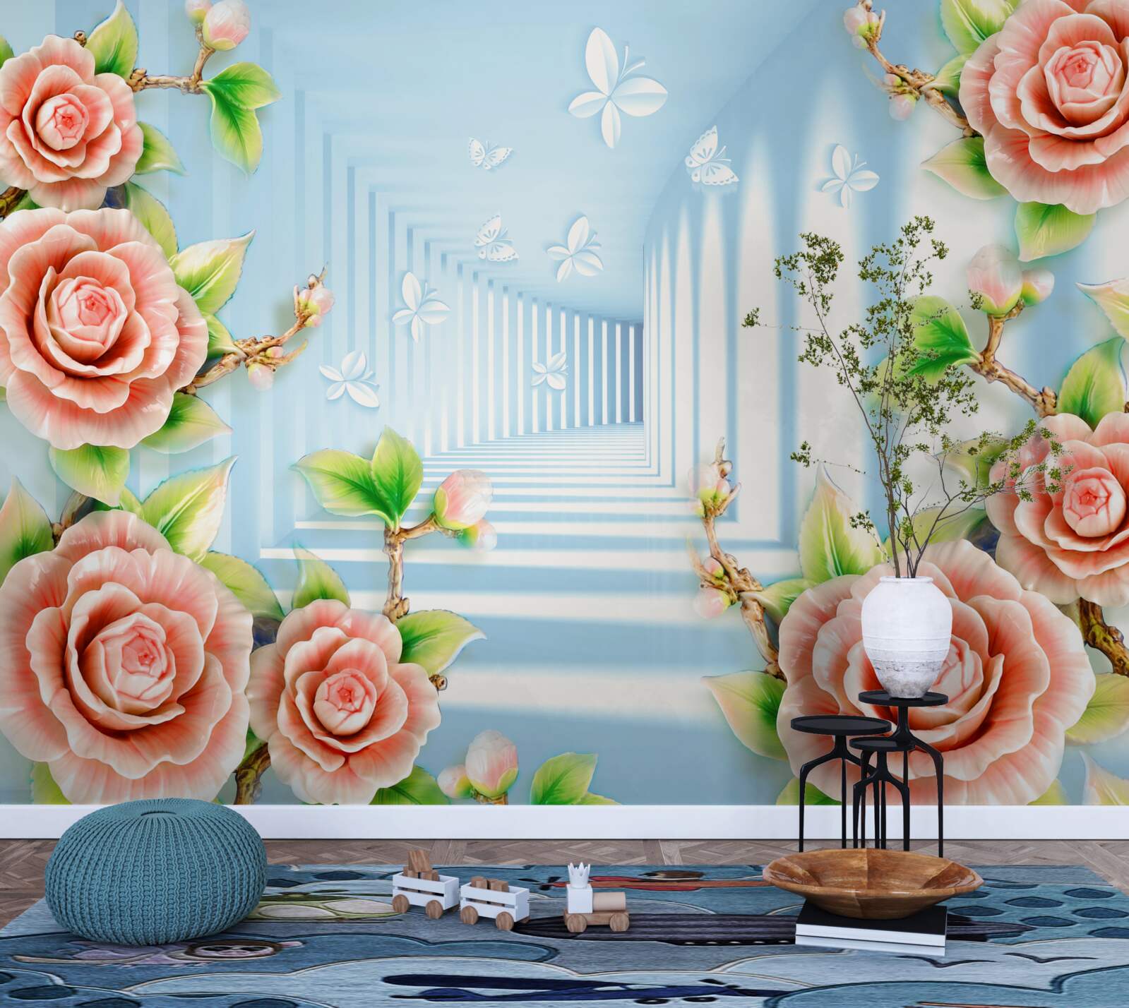 Fotobehang blauwe tunnel gevuld met roze rozen