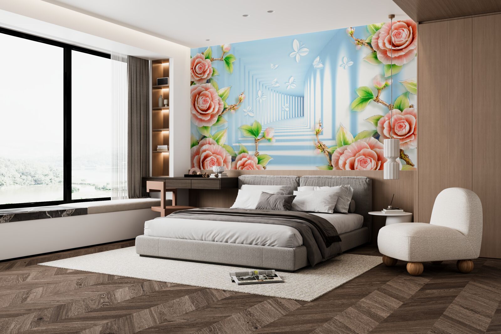 Fotobehang blauwe tunnel gevuld met roze rozen