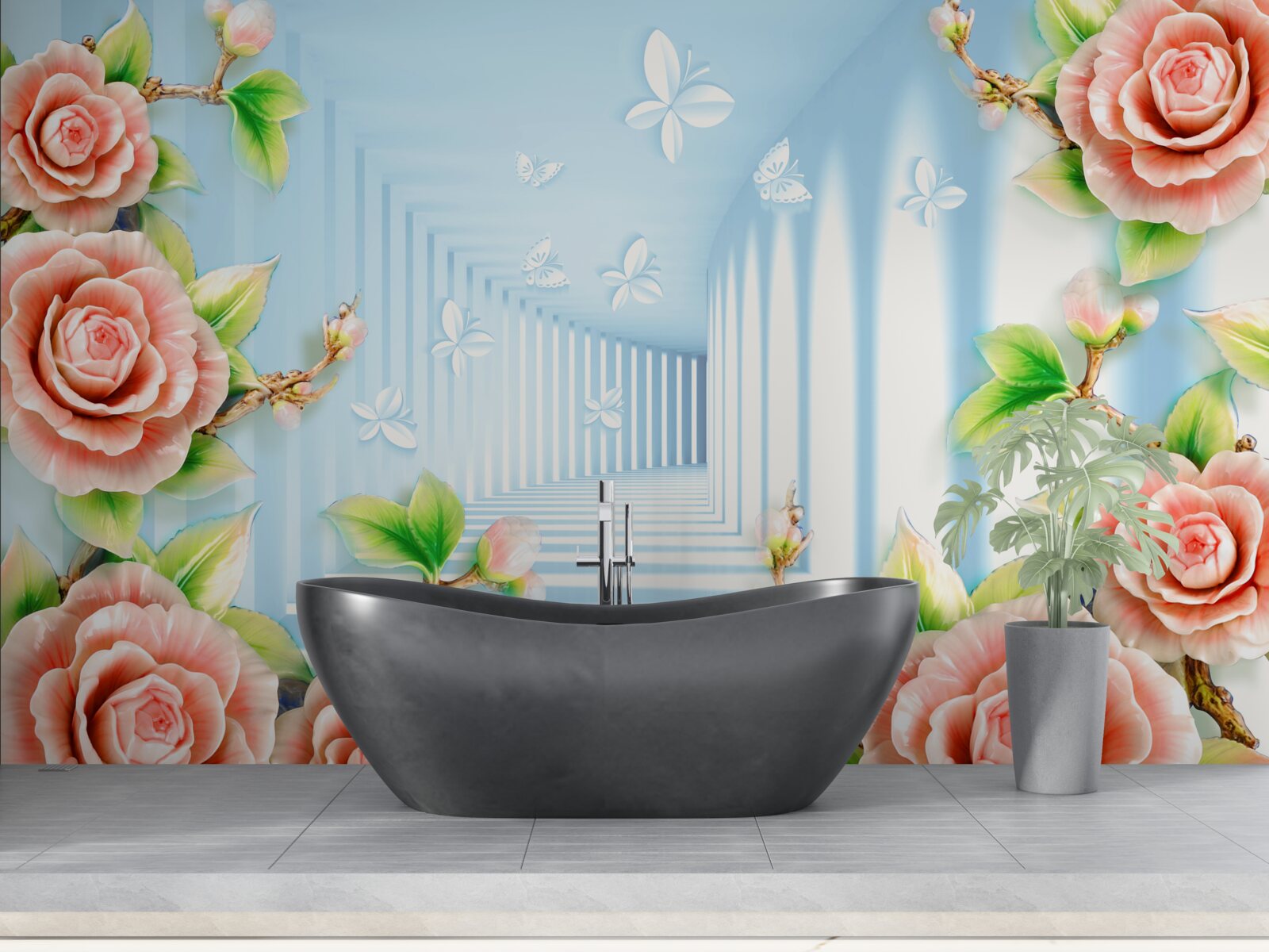 Fotobehang blauwe tunnel gevuld met roze rozen