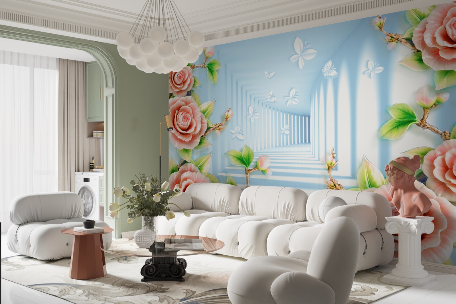 Fotobehang blauwe tunnel gevuld met roze rozen