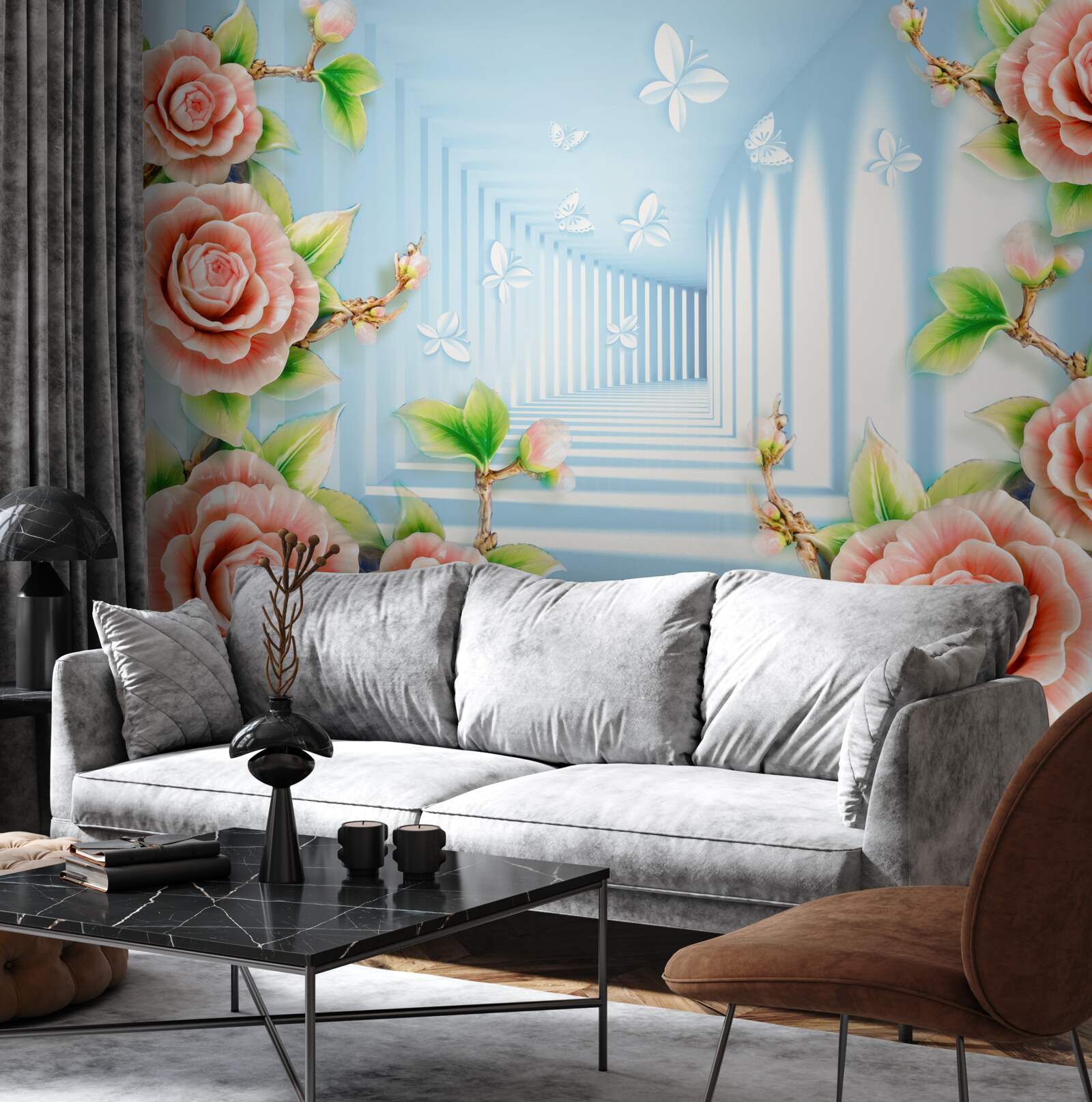 Fotobehang blauwe tunnel gevuld met roze rozen