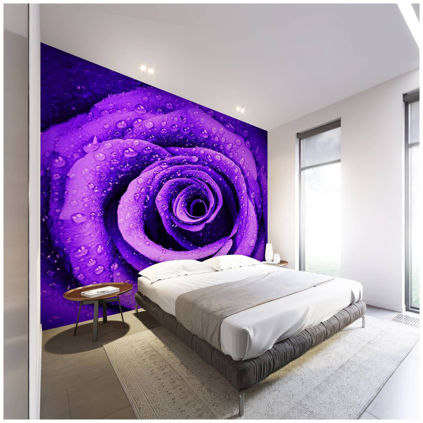 Fotobehang een close-up van een paarse roos bedekt met regendruppels