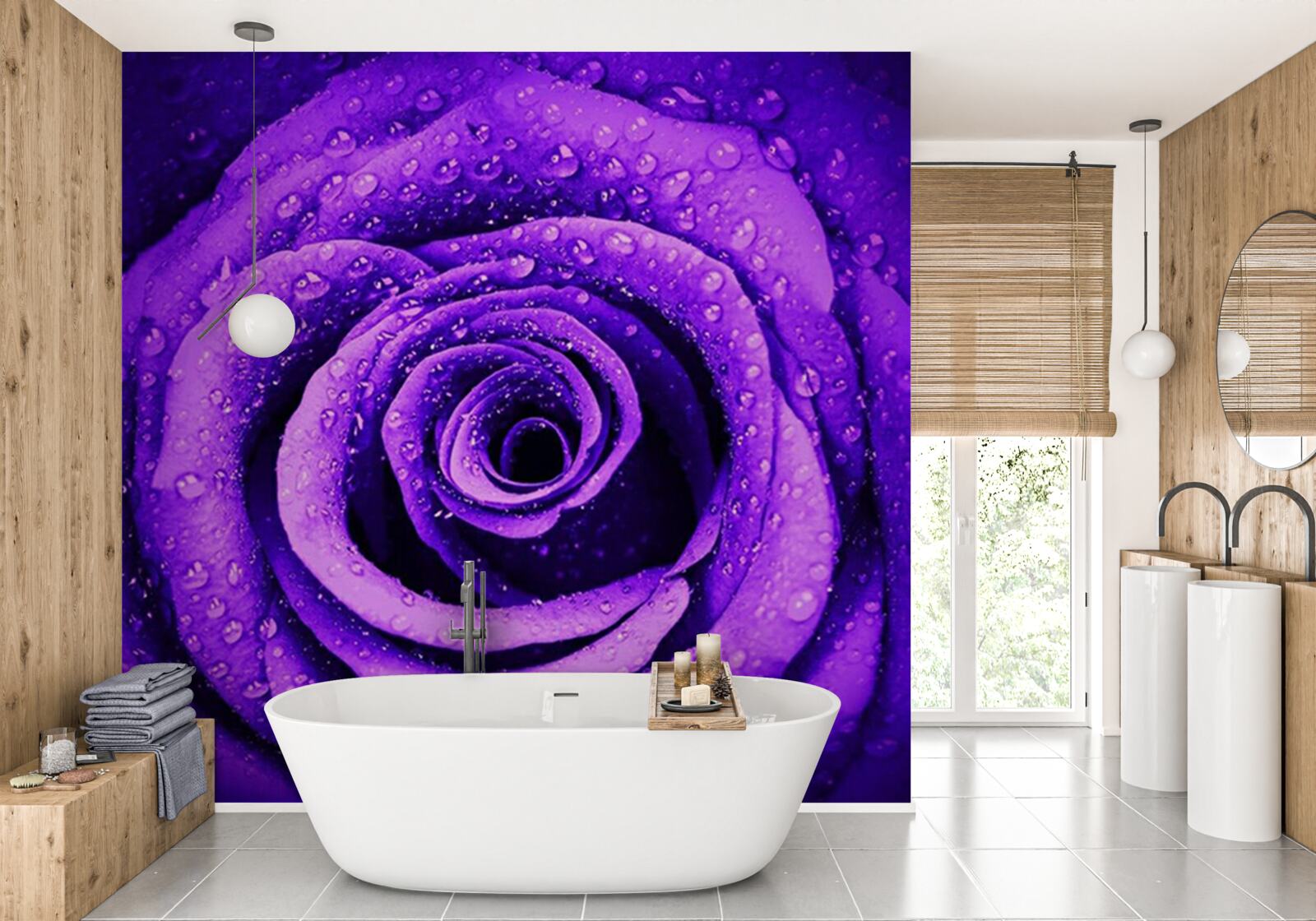 Fotobehang een close-up van een paarse roos bedekt met regendruppels