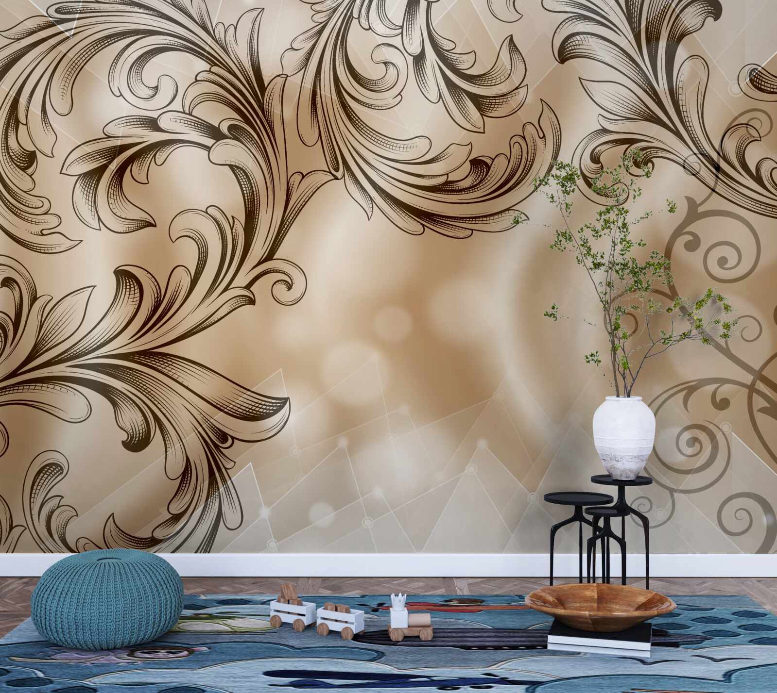 Fotobehang planten met opengewerkt patroon op een bruine achtergrond