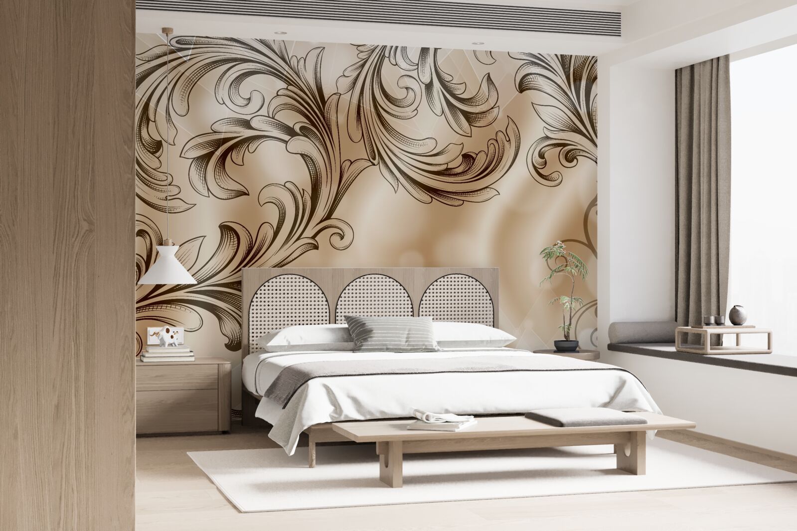 Fotobehang planten met opengewerkt patroon op een bruine achtergrond