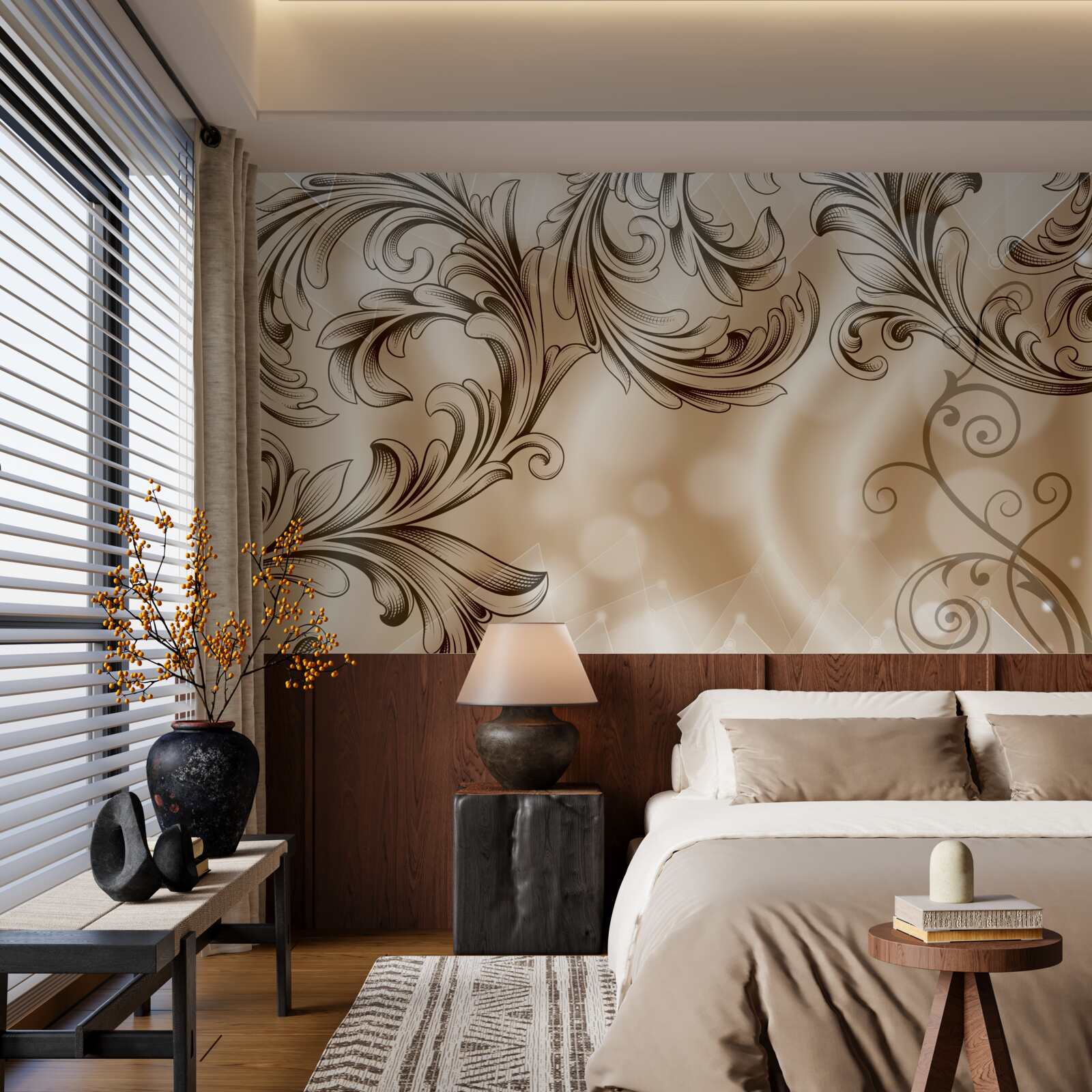 Fotobehang planten met opengewerkt patroon op een bruine achtergrond