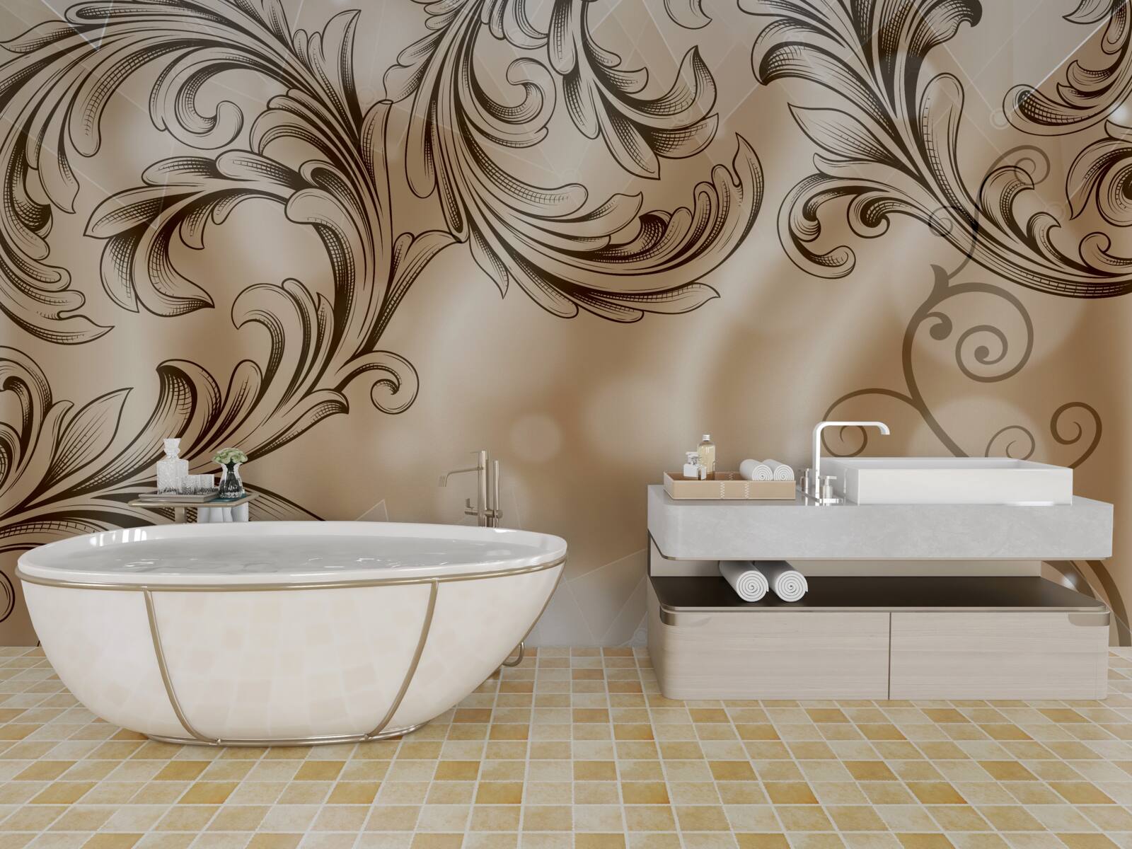 Fotobehang planten met opengewerkt patroon op een bruine achtergrond