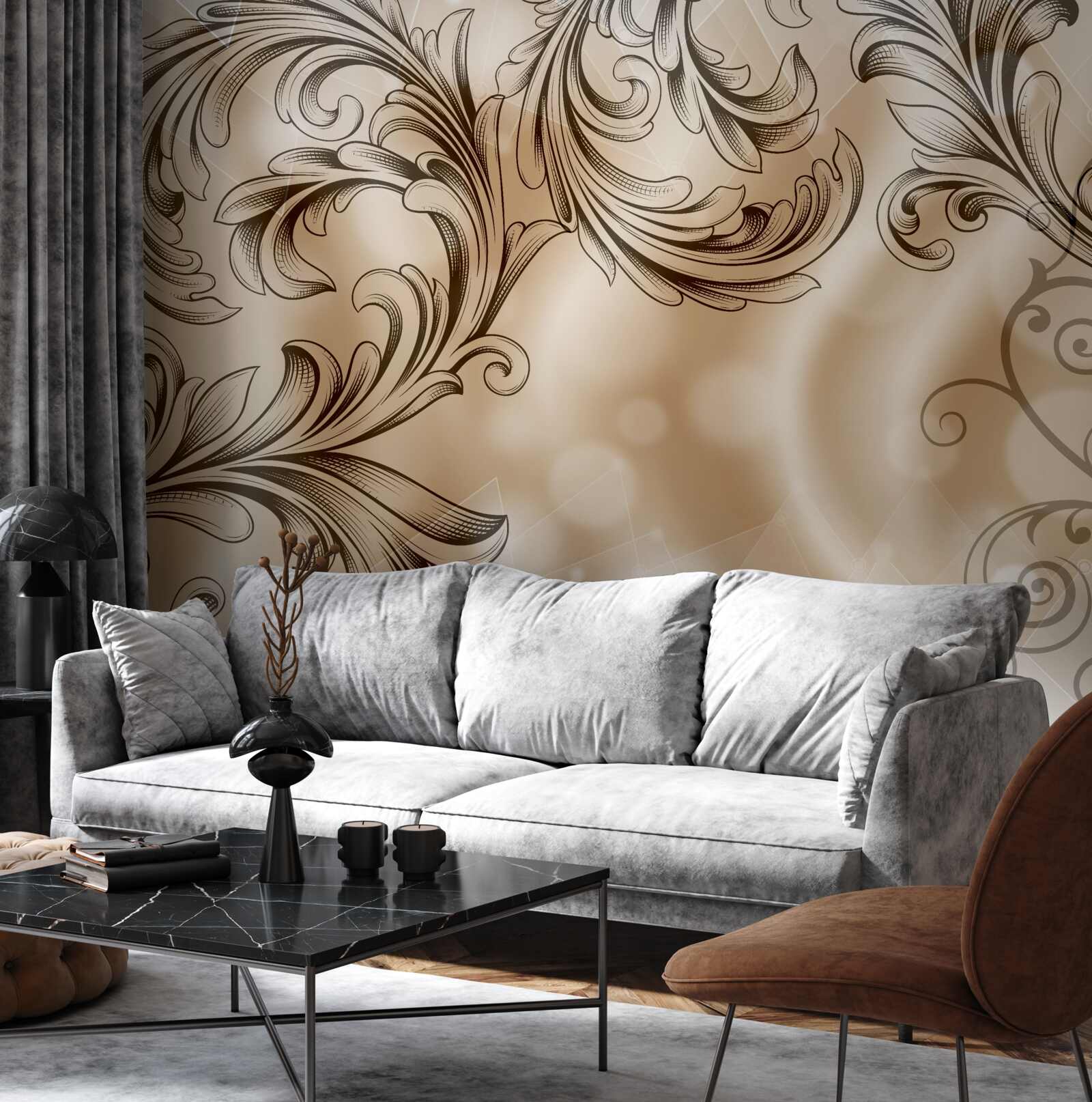 Fotobehang planten met opengewerkt patroon op een bruine achtergrond