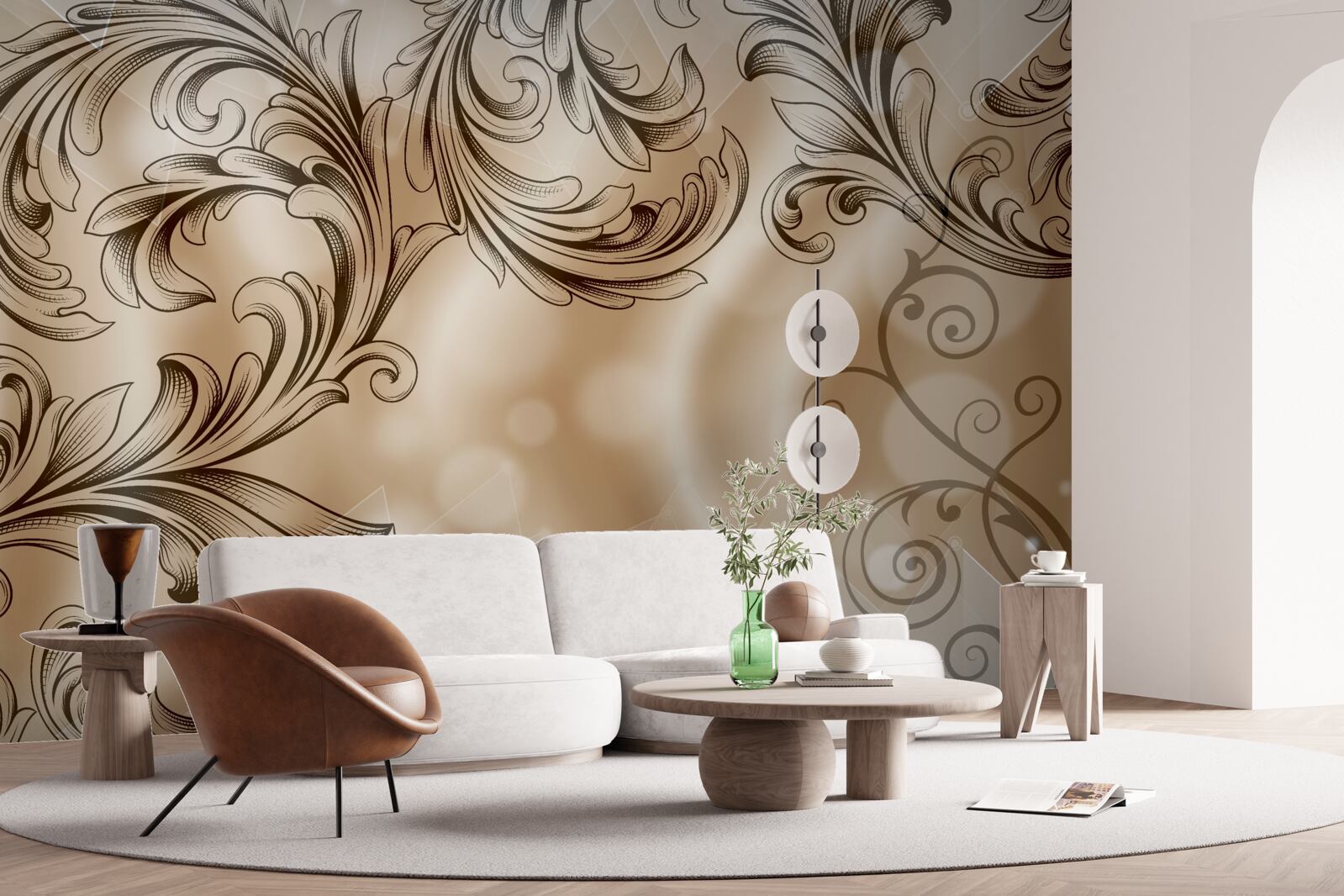 Fotobehang planten met opengewerkt patroon op een bruine achtergrond