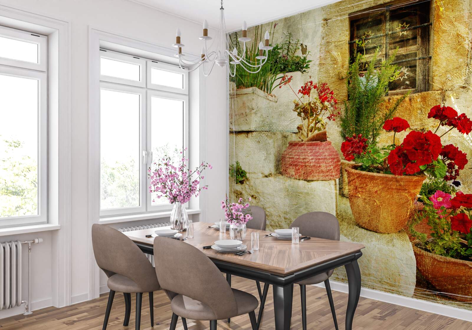 Fotobehang bloempotten op de stenen trap