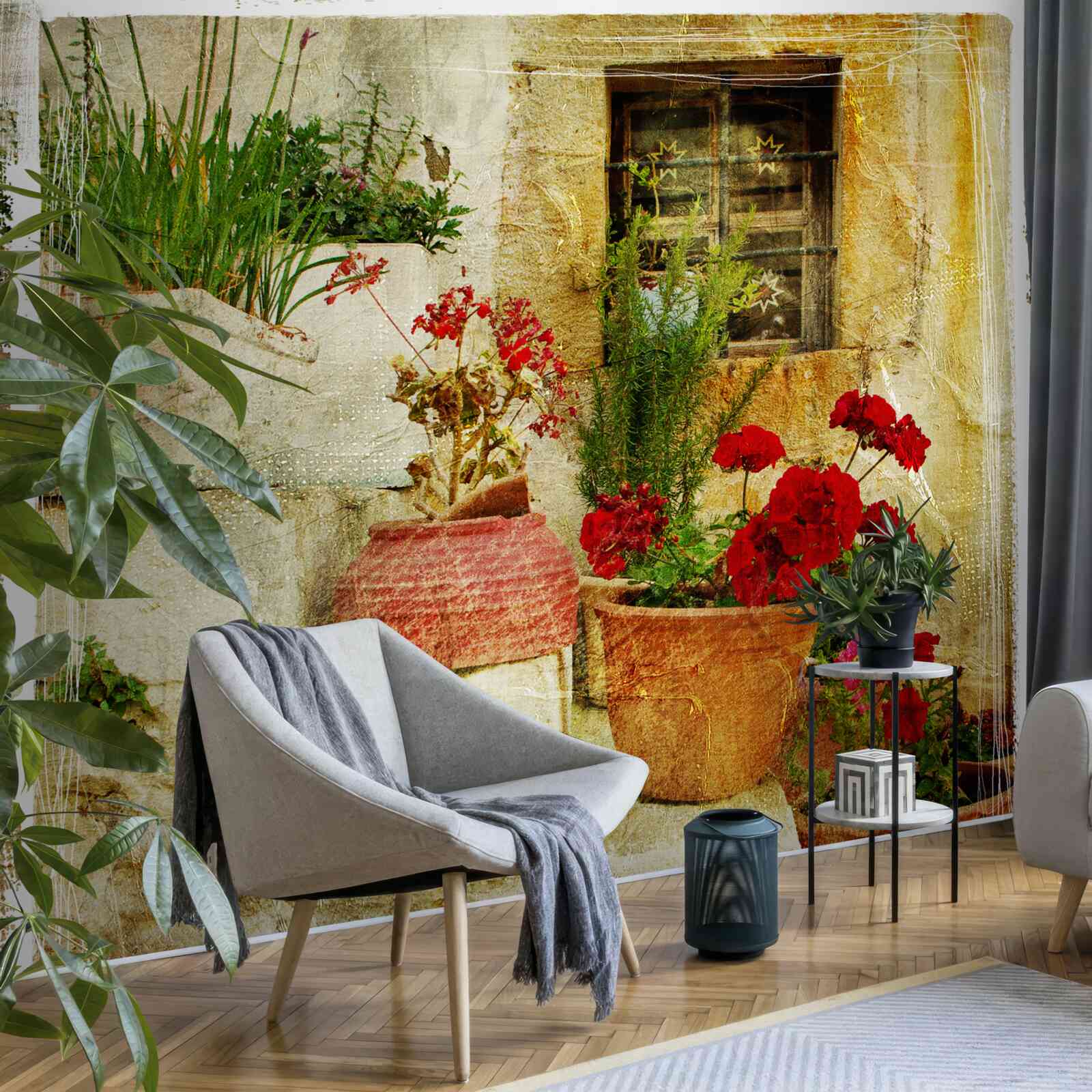 Fotobehang bloempotten op de stenen trap