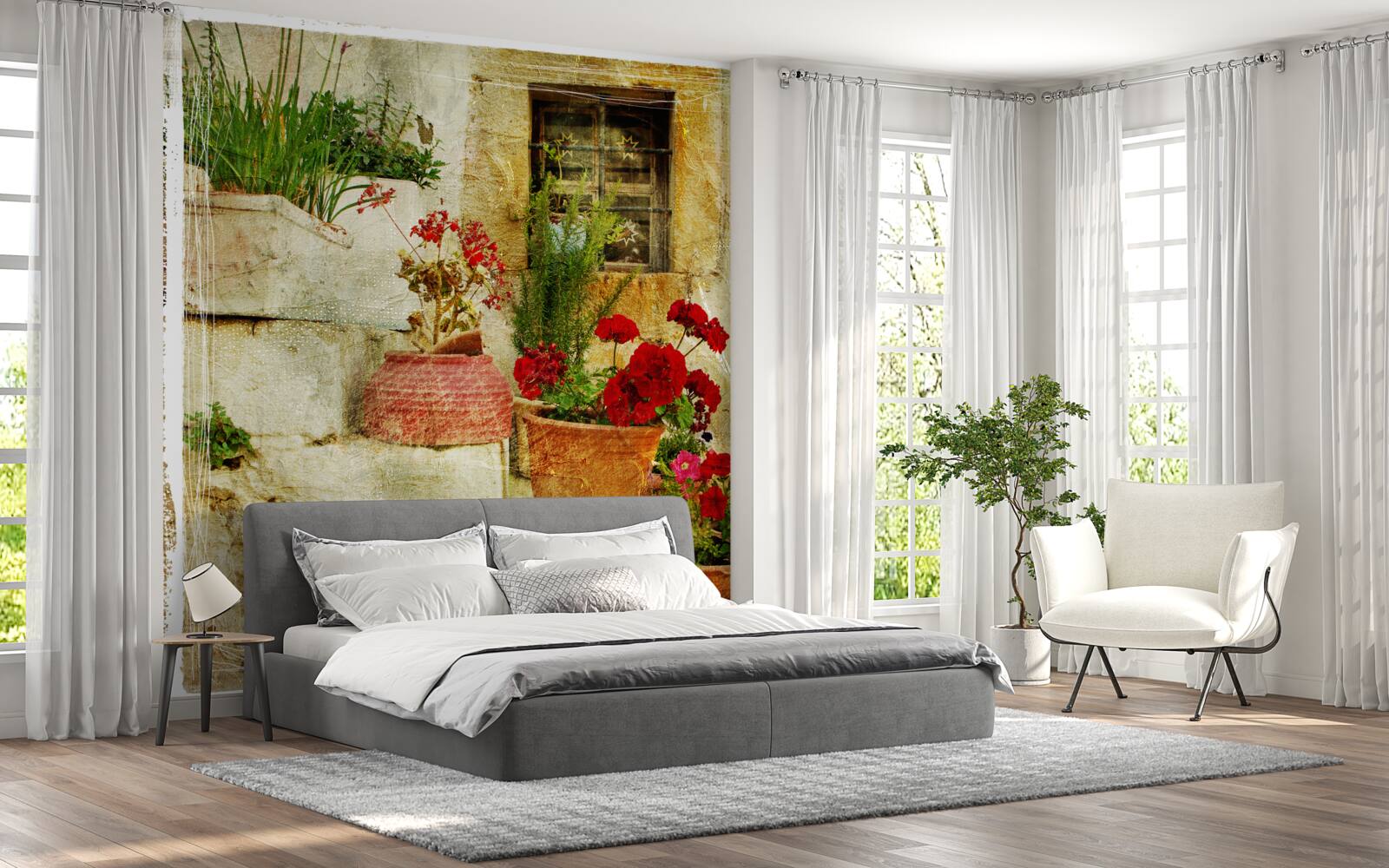 Fotobehang bloempotten op de stenen trap