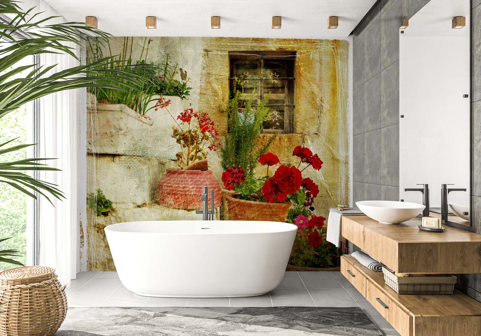 Fotobehang bloempotten op de stenen trap