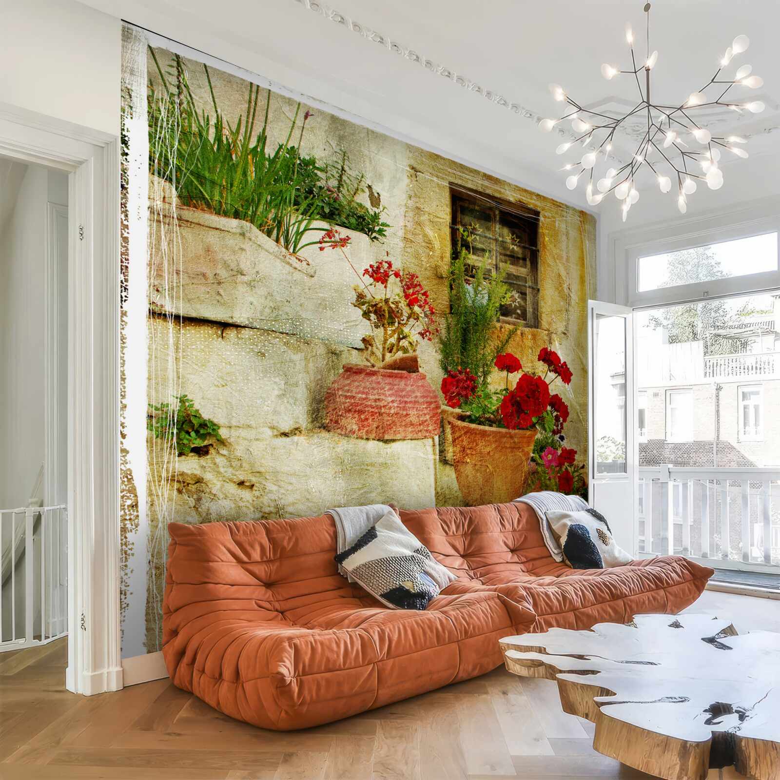 Fotobehang bloempotten op de stenen trap