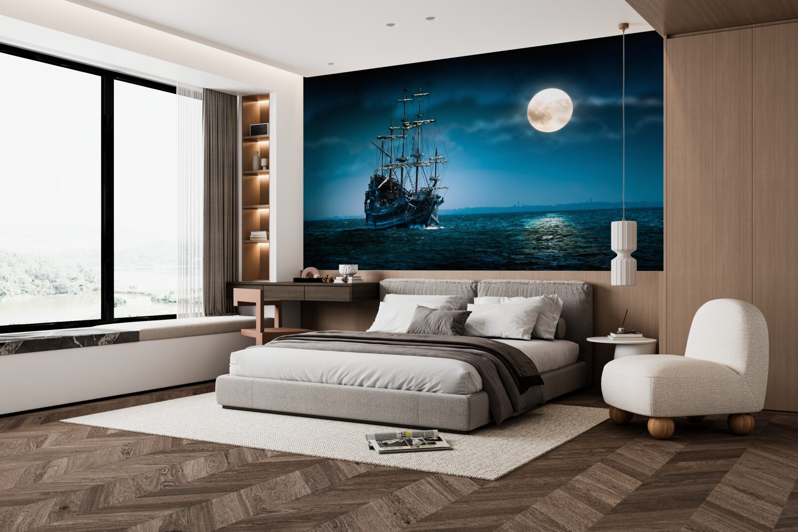 Fotobehang oud schip in de maneschijn