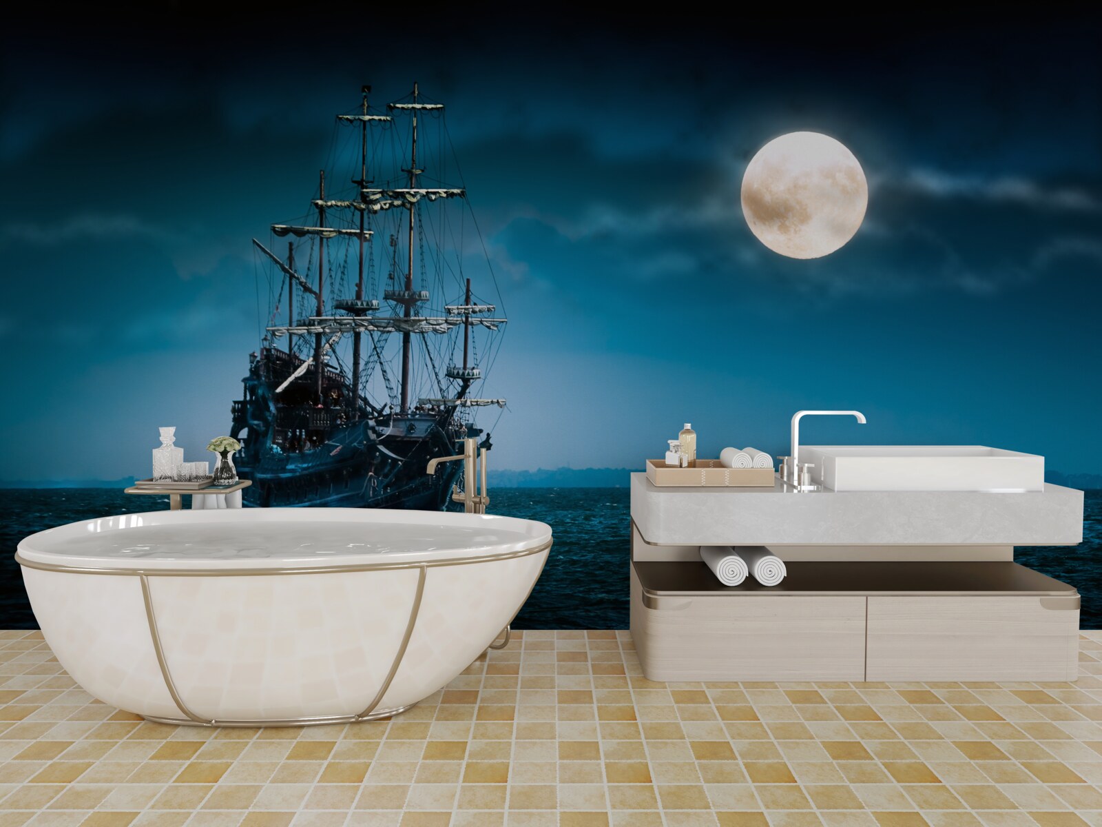 Fotobehang oud schip in de maneschijn