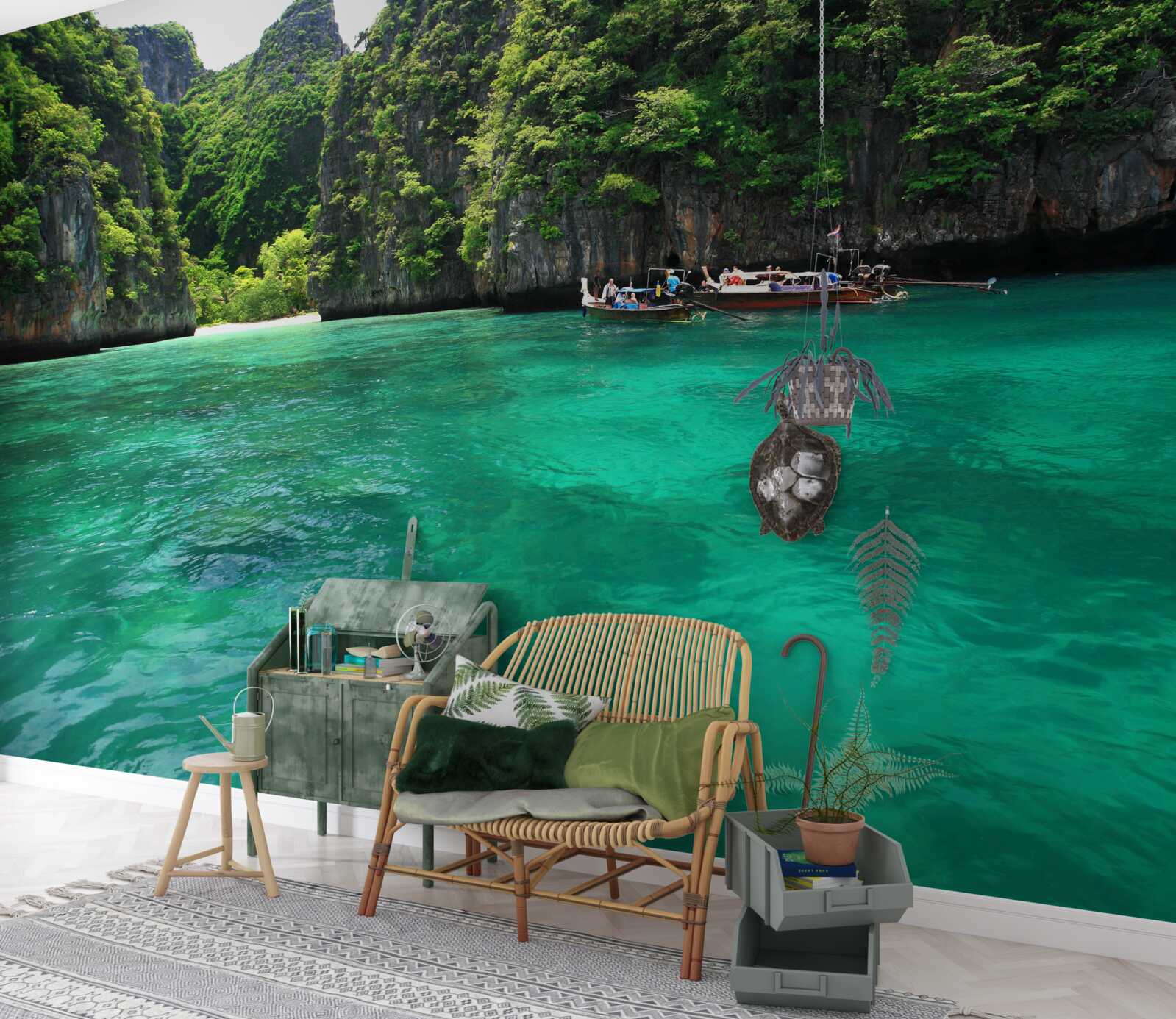 Fotobehang turquoise wateren en smaragdgroene bergeilanden