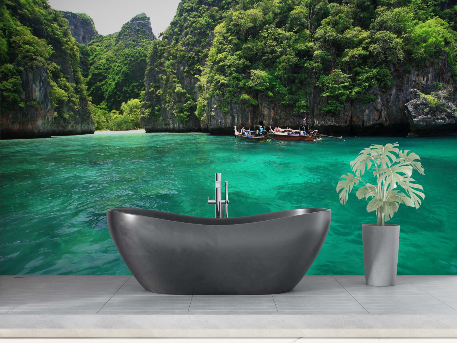 Fotobehang turquoise wateren en smaragdgroene bergeilanden