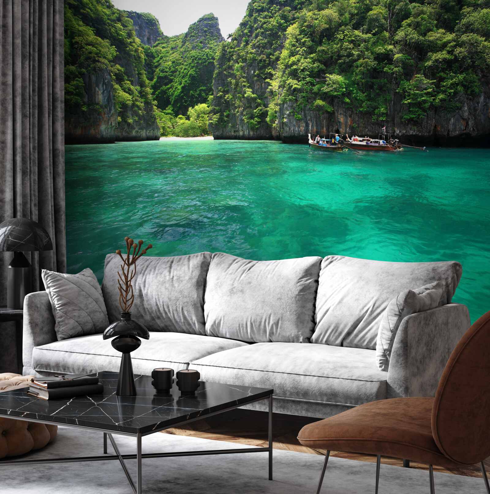 Fotobehang turquoise wateren en smaragdgroene bergeilanden