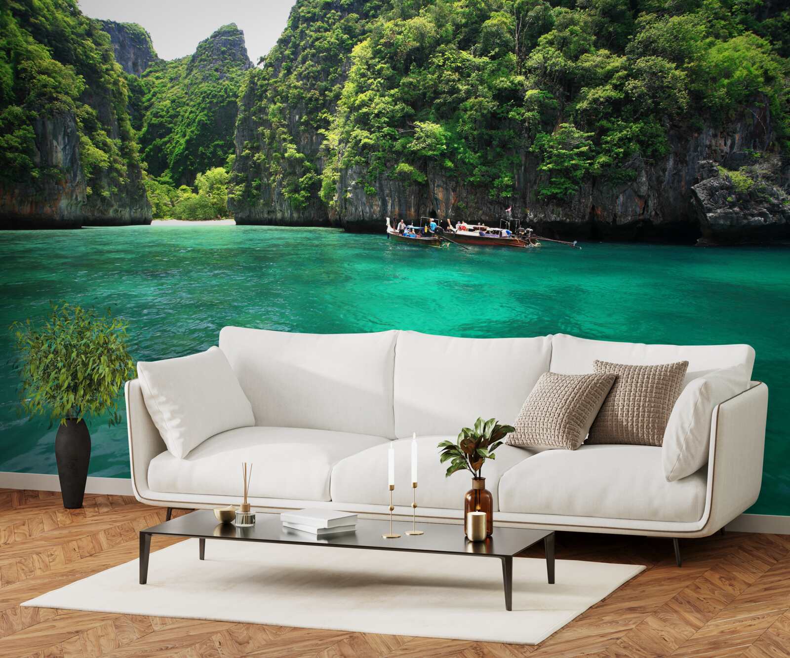 Fotobehang turquoise wateren en smaragdgroene bergeilanden