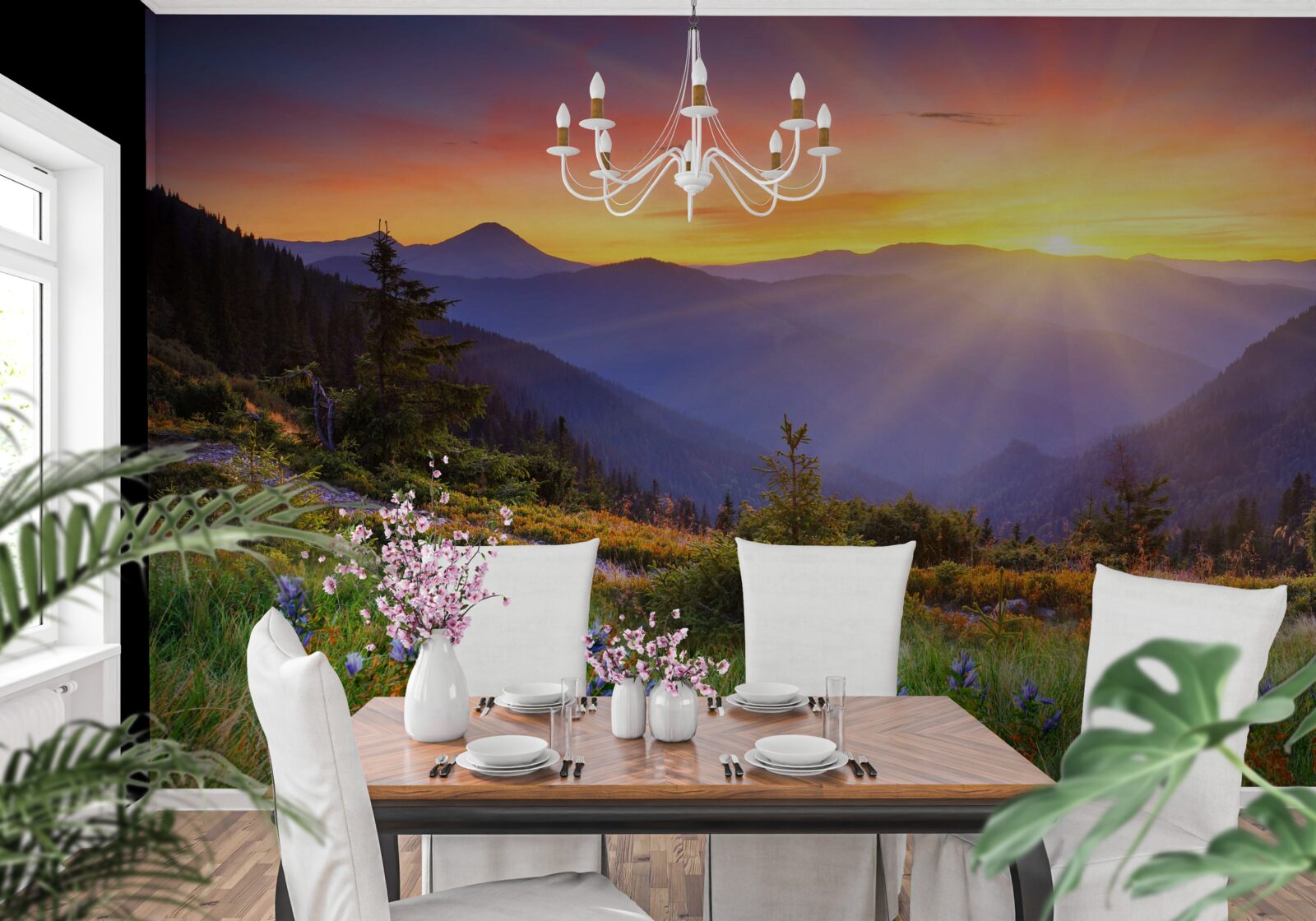 Fotobehang de zon gaat onder boven een alpenweide