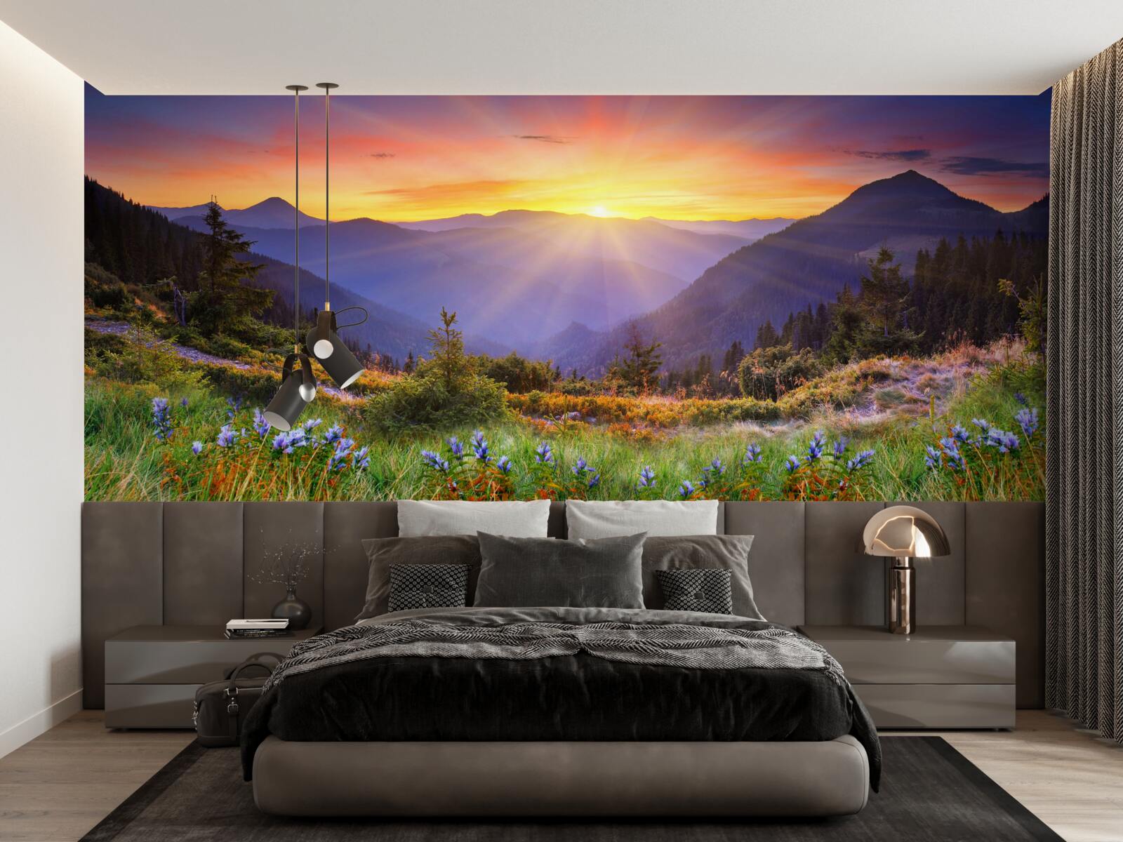 Fotobehang de zon gaat onder boven een alpenweide