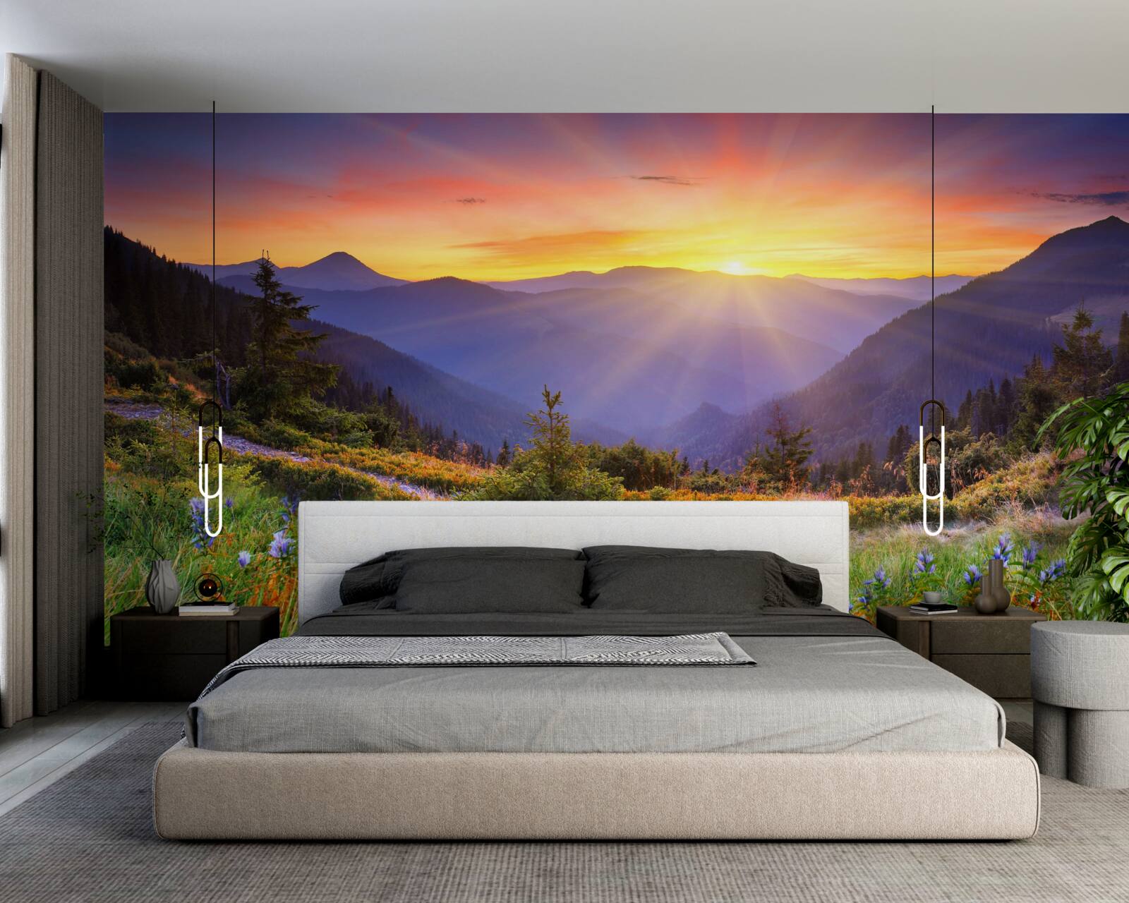 Fotobehang de zon gaat onder boven een alpenweide