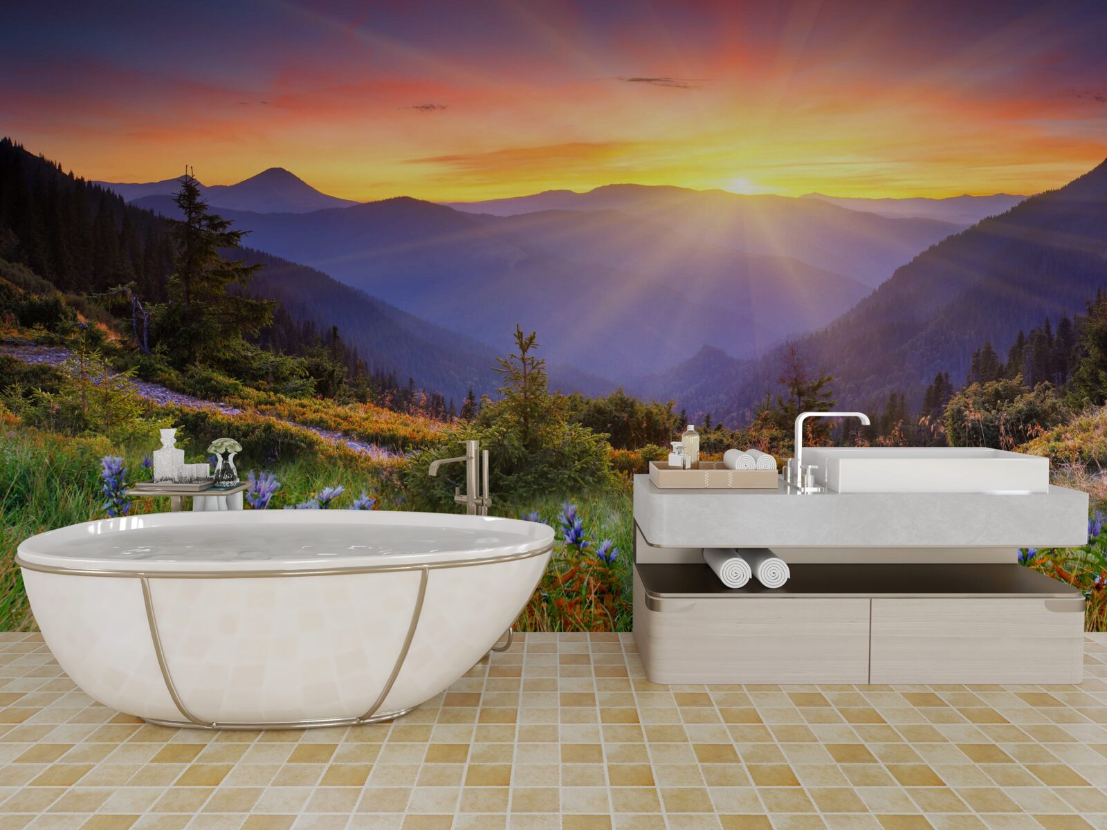 Fotobehang de zon gaat onder boven een alpenweide