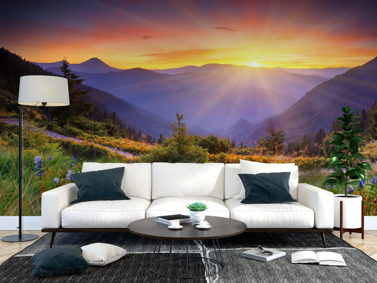 Fotobehang de zon gaat onder boven een alpenweide