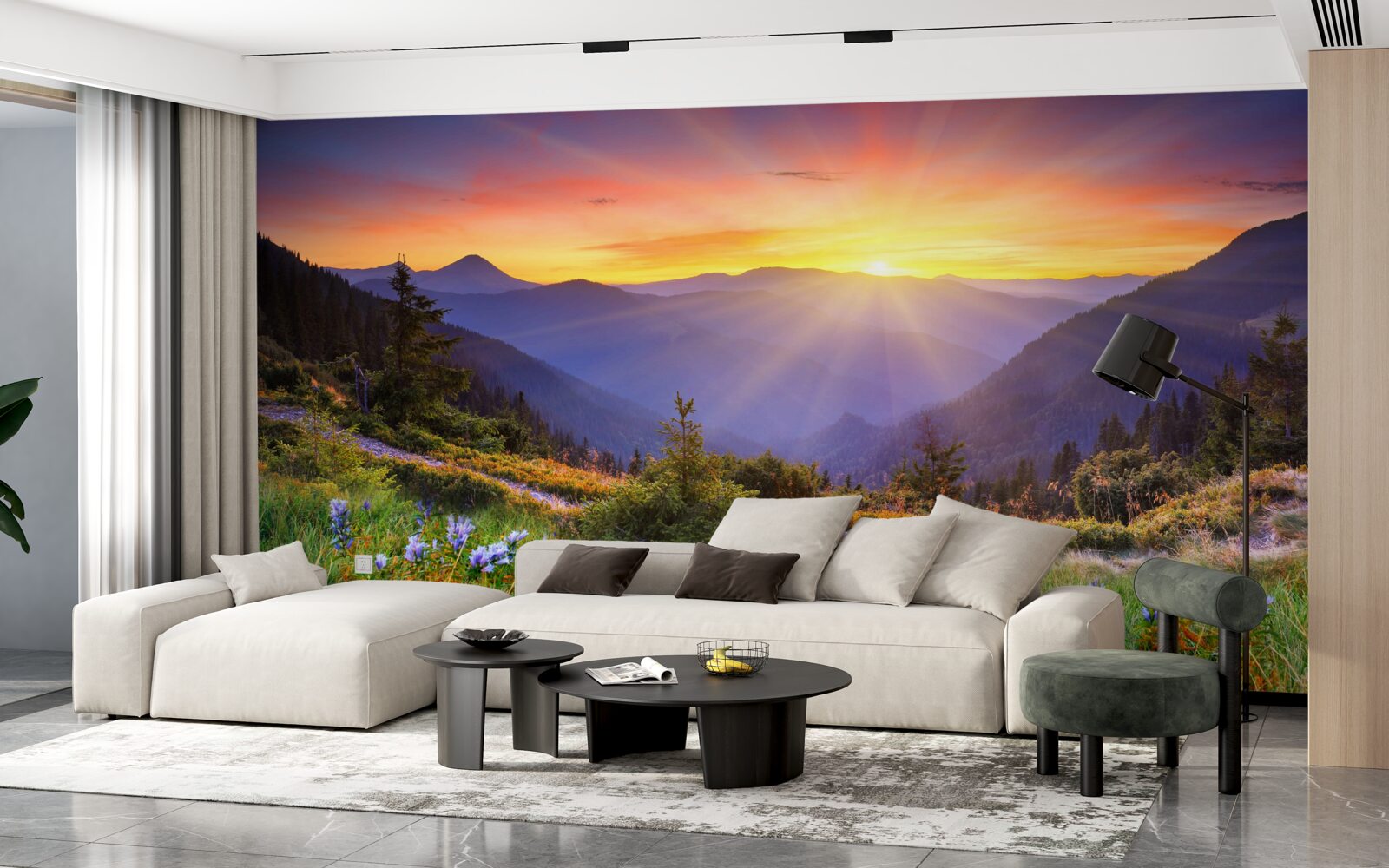 Fotobehang de zon gaat onder boven een alpenweide