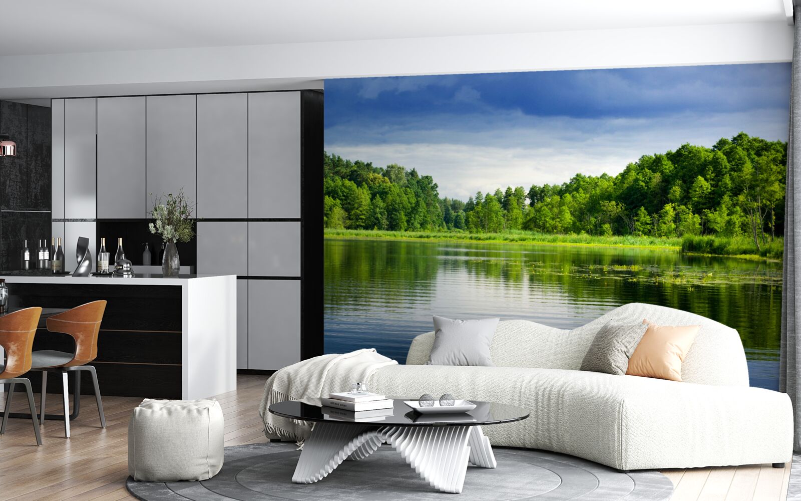 Fotobehang weelderig smaragdgroen bos bij een rustig waterlichaam