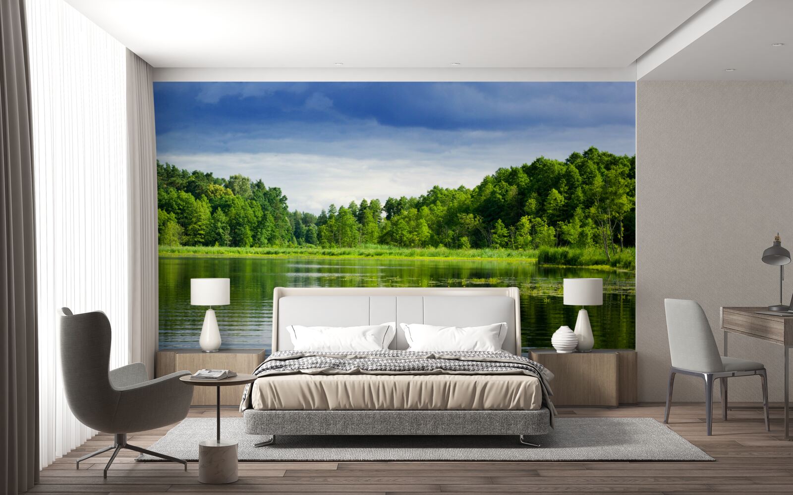 Fotobehang weelderig smaragdgroen bos bij een rustig waterlichaam