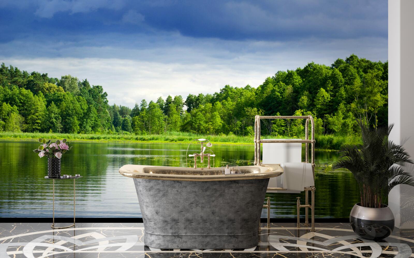 Fotobehang weelderig smaragdgroen bos bij een rustig waterlichaam
