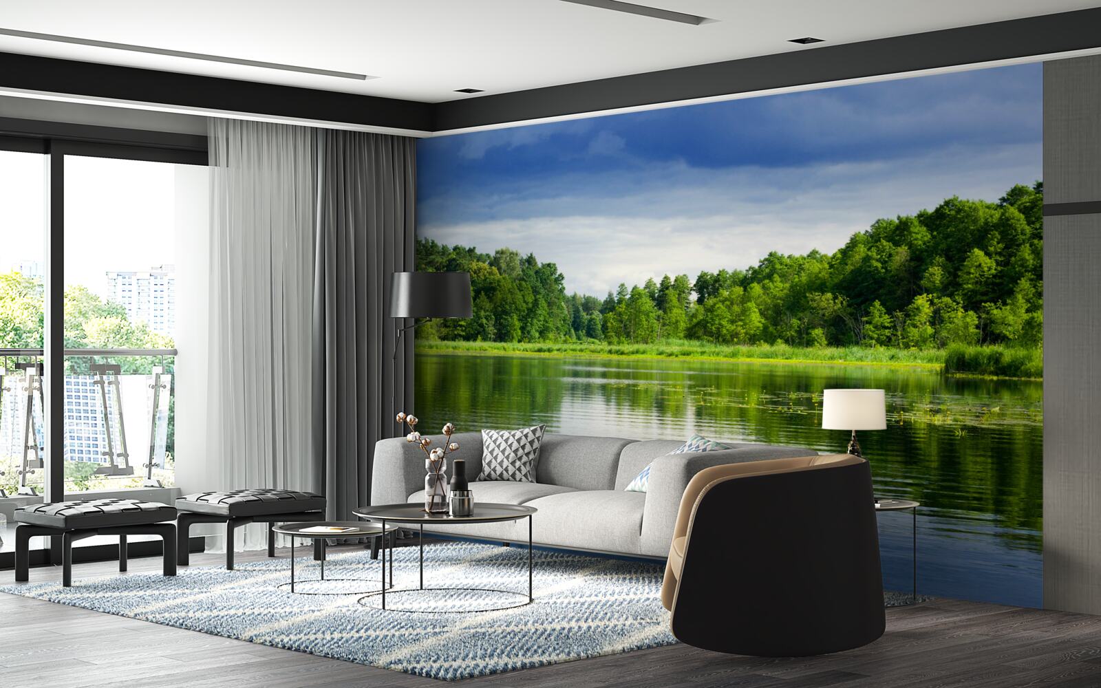 Fotobehang weelderig smaragdgroen bos bij een rustig waterlichaam