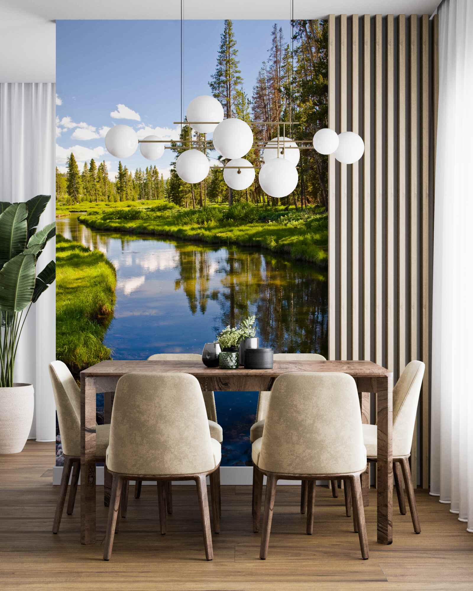 Fotobehang bosbeek tussen naaldbomen in de zomer