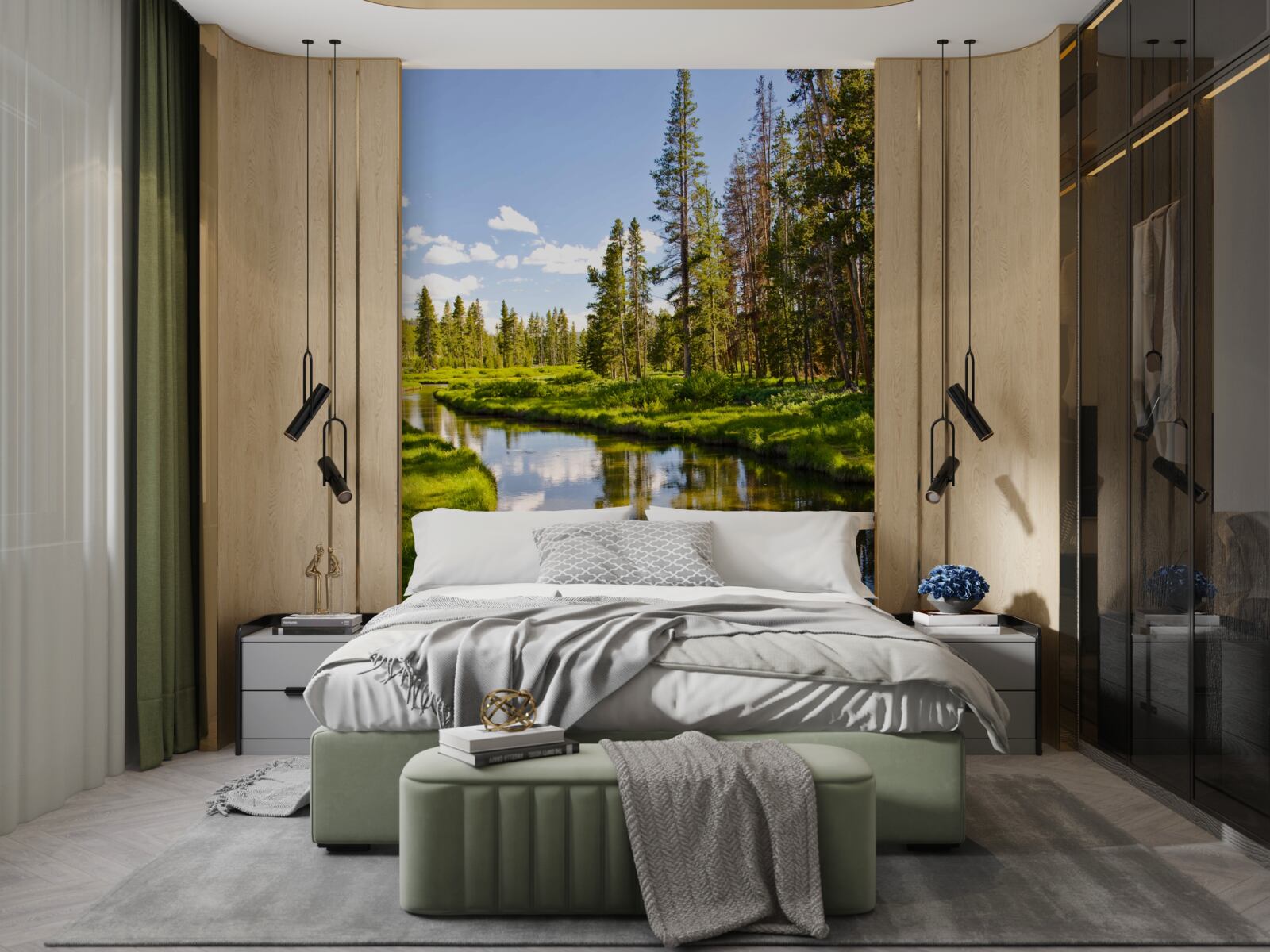 Fotobehang bosbeek tussen naaldbomen in de zomer