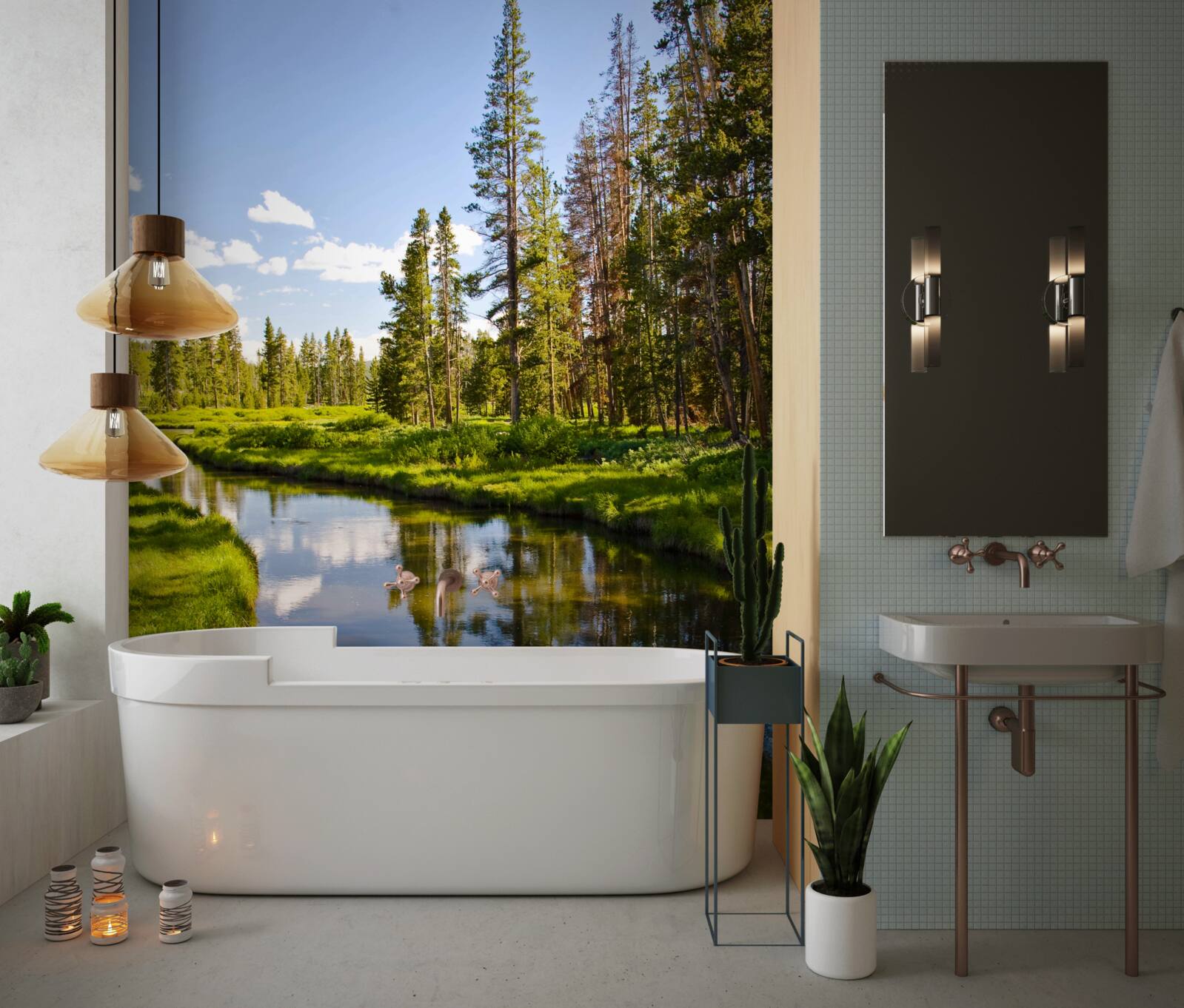 Fotobehang bosbeek tussen naaldbomen in de zomer