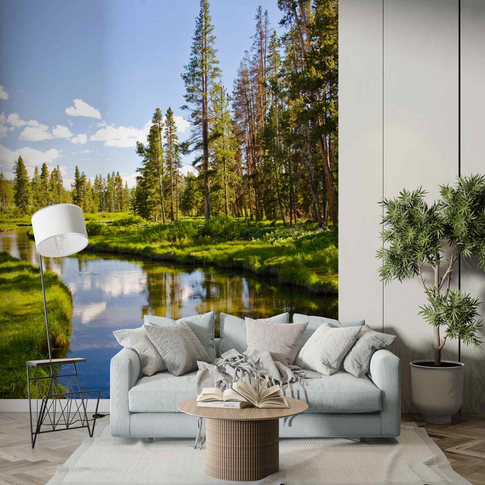 Fotobehang bosbeek tussen naaldbomen in de zomer