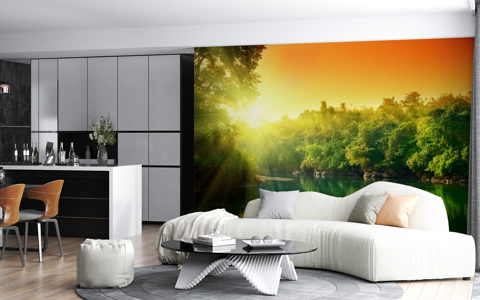 Fotobehang heldere dageraad over het kalme wateroppervlak