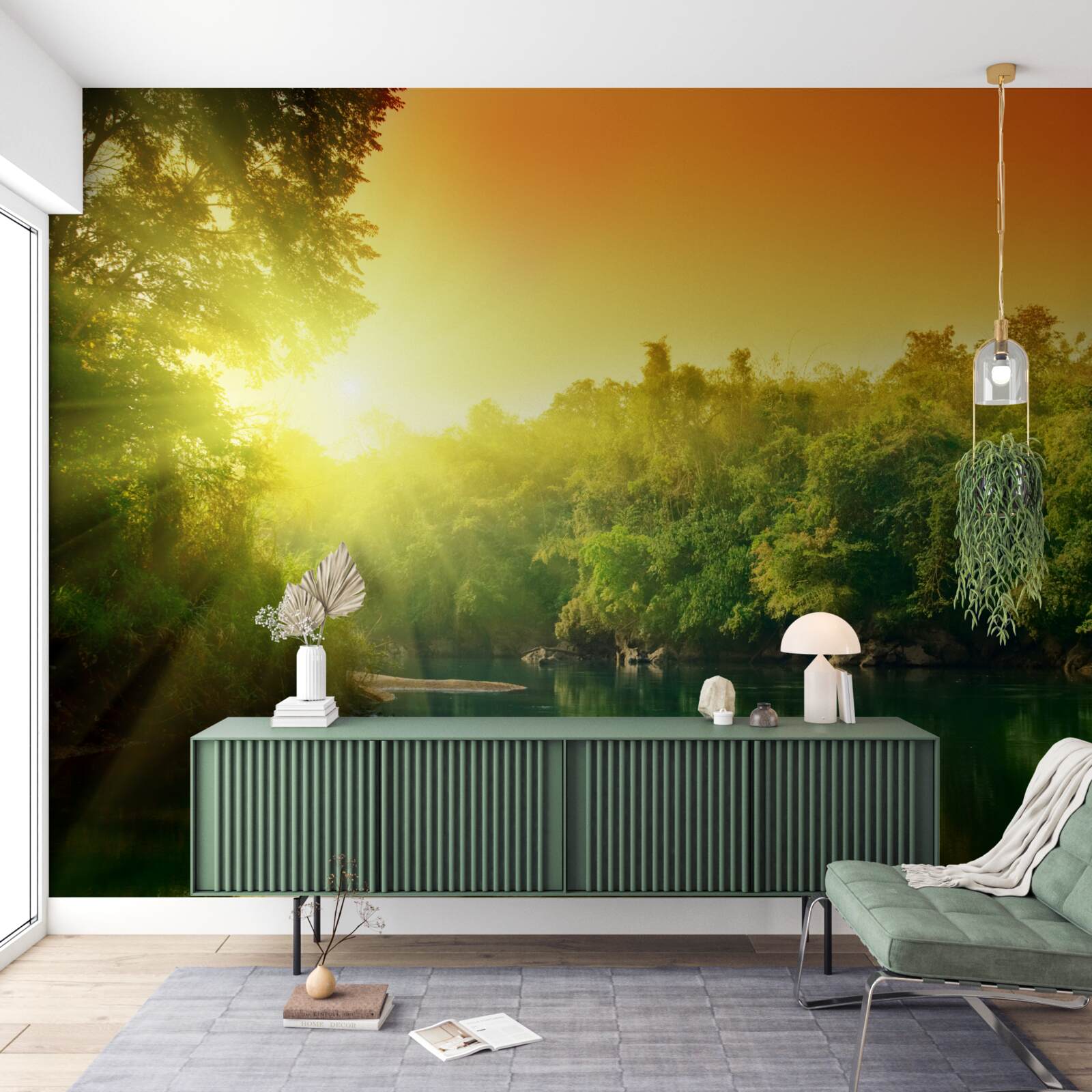 Fotobehang heldere dageraad over het kalme wateroppervlak