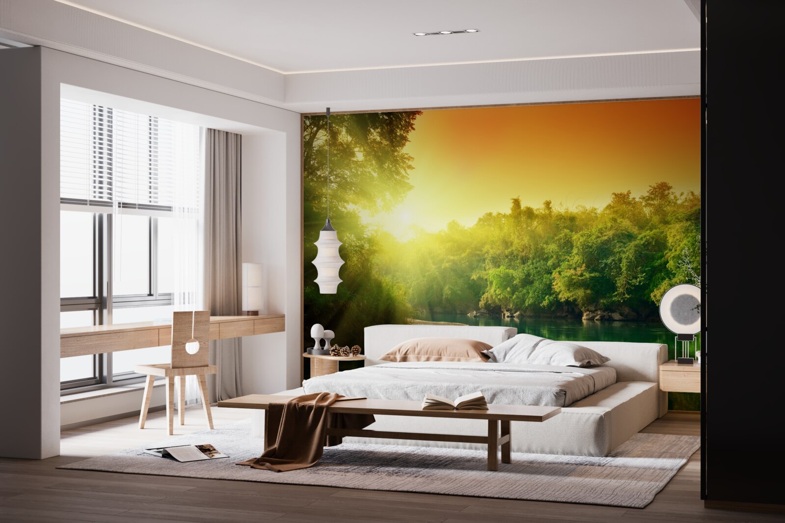 Fotobehang heldere dageraad over het kalme wateroppervlak