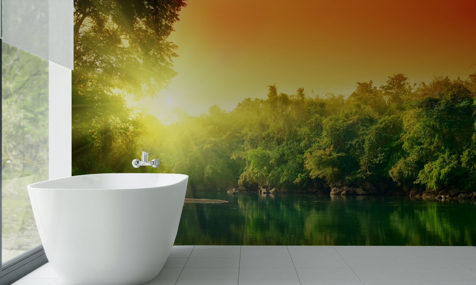 Fotobehang heldere dageraad over het kalme wateroppervlak