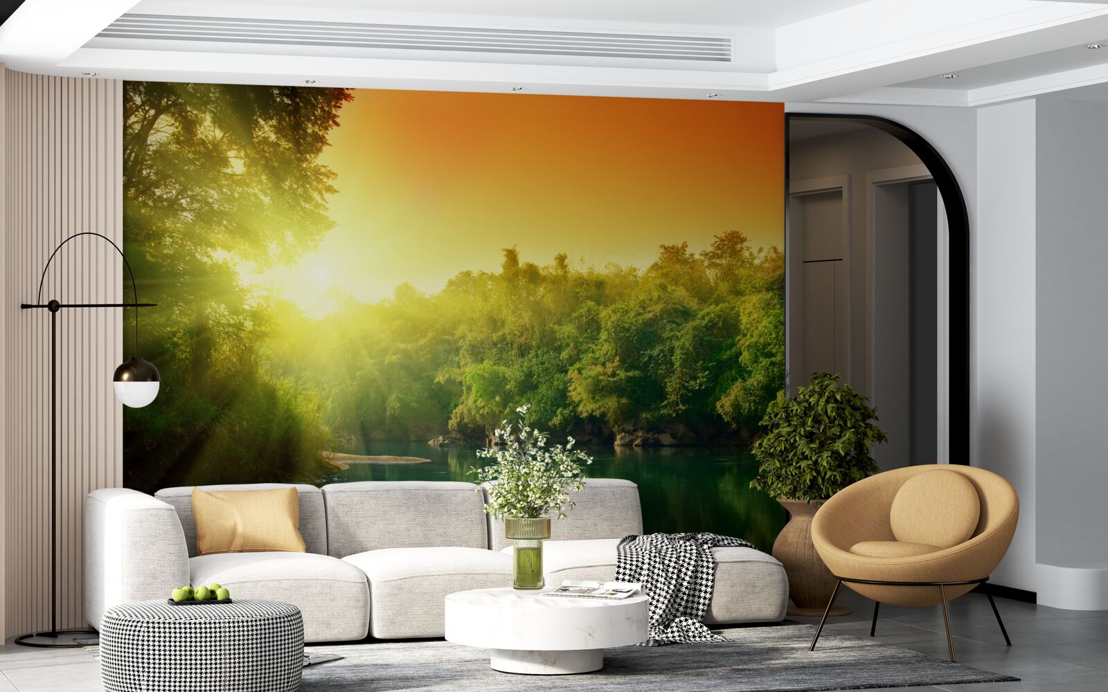 Fotobehang heldere dageraad over het kalme wateroppervlak