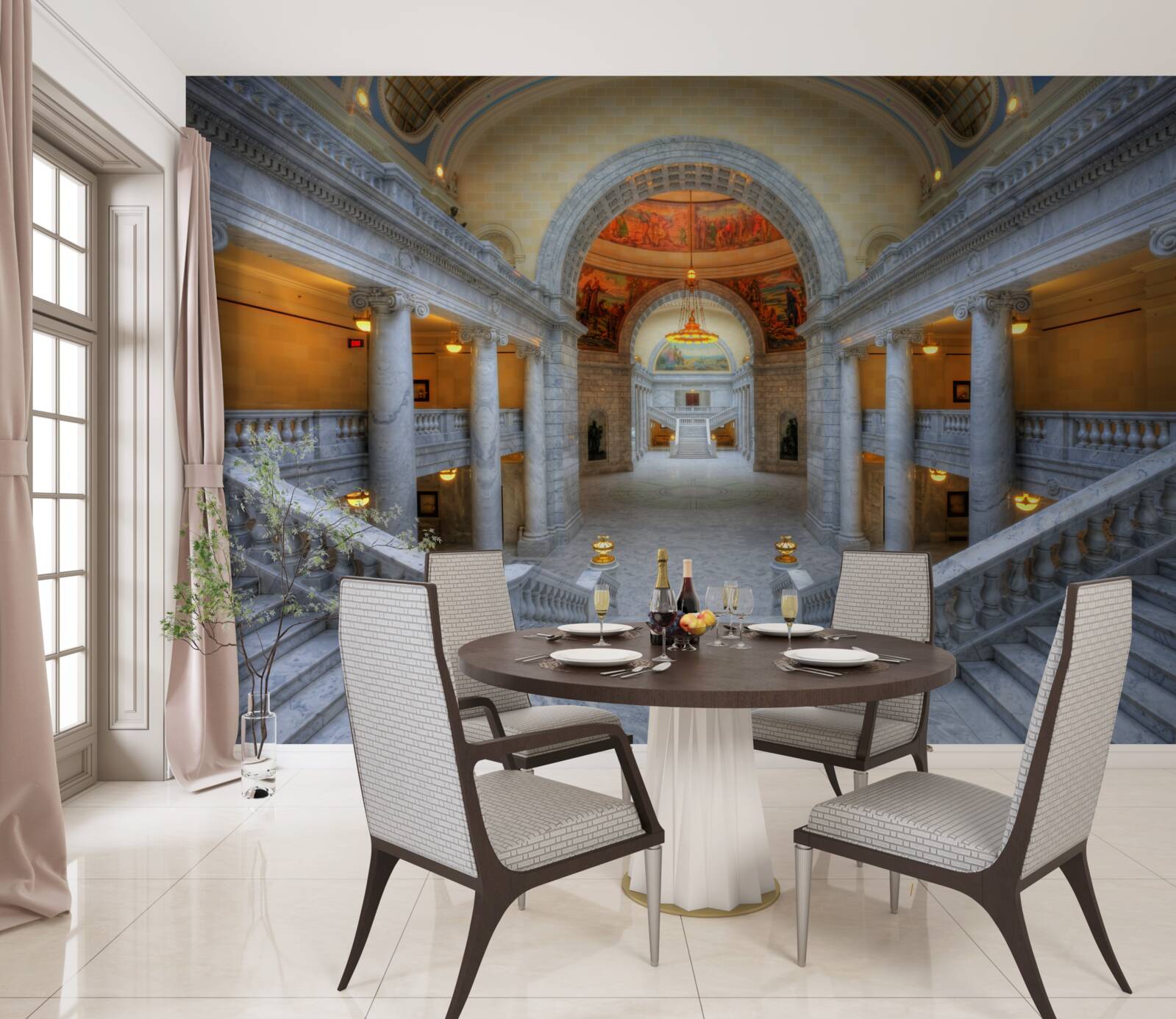 Fotobehang een reeks trappen met gebogen vluchten