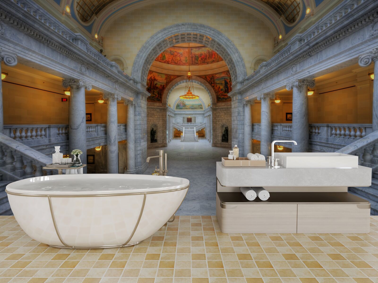 Fotobehang een reeks trappen met gebogen vluchten