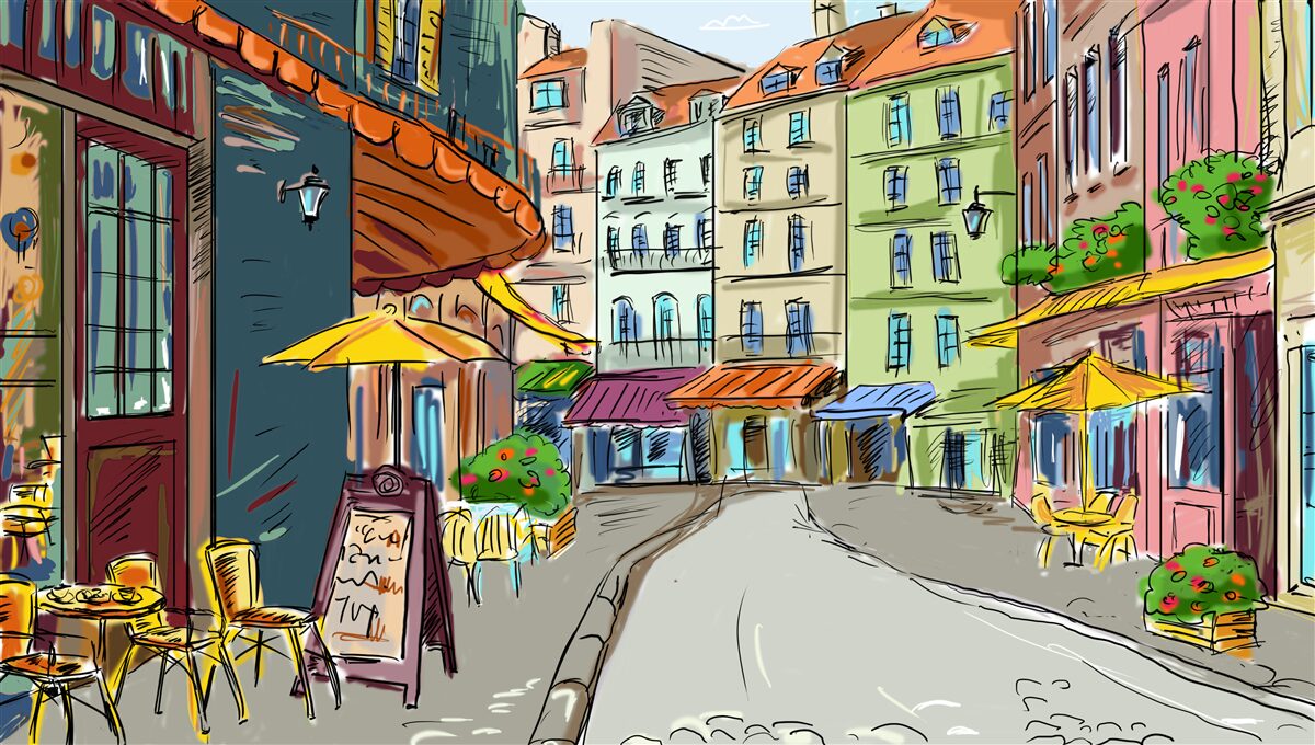 Fotobehang rustige en gezellige straat vol kleur