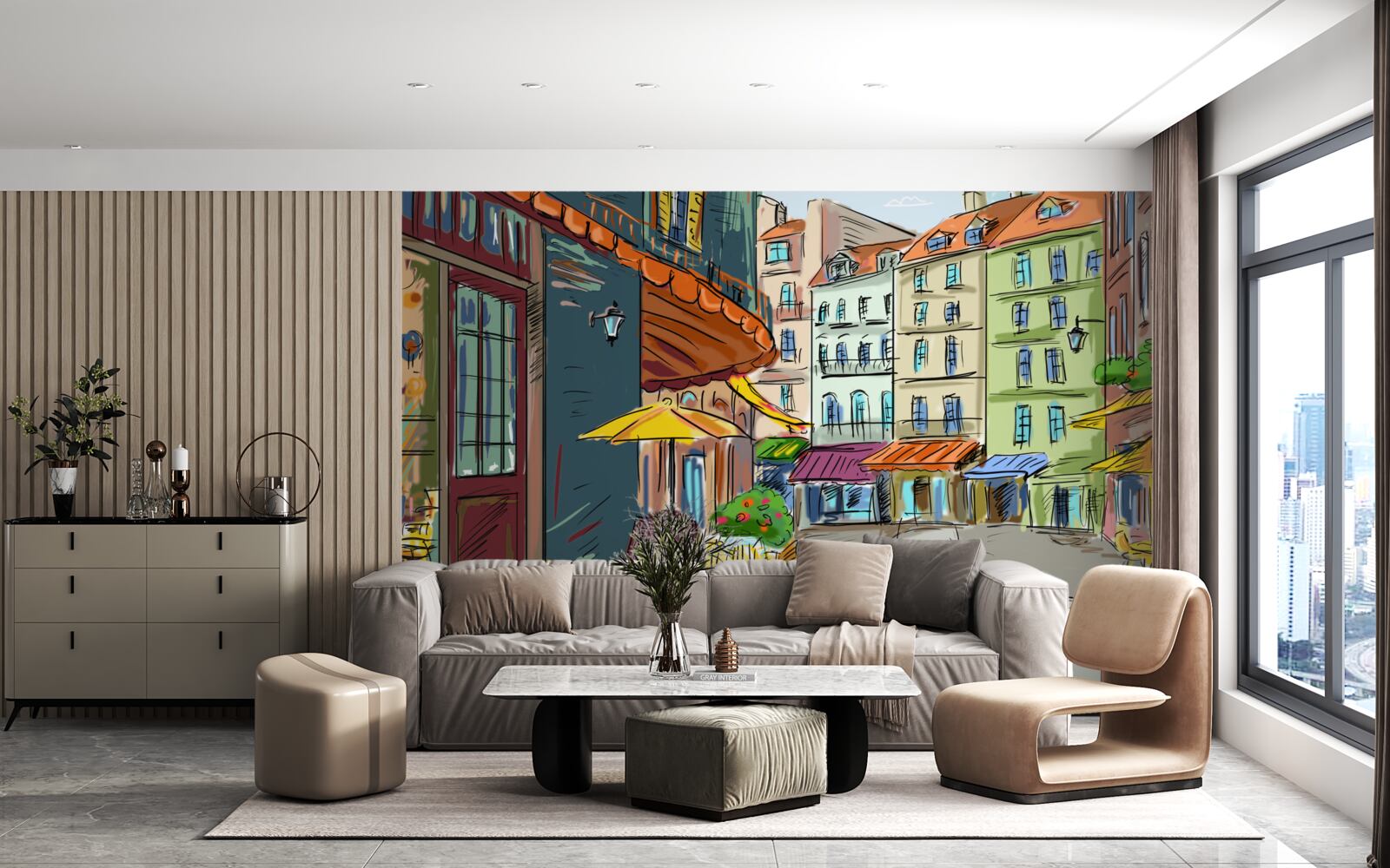 Fotobehang rustige en gezellige straat vol kleur